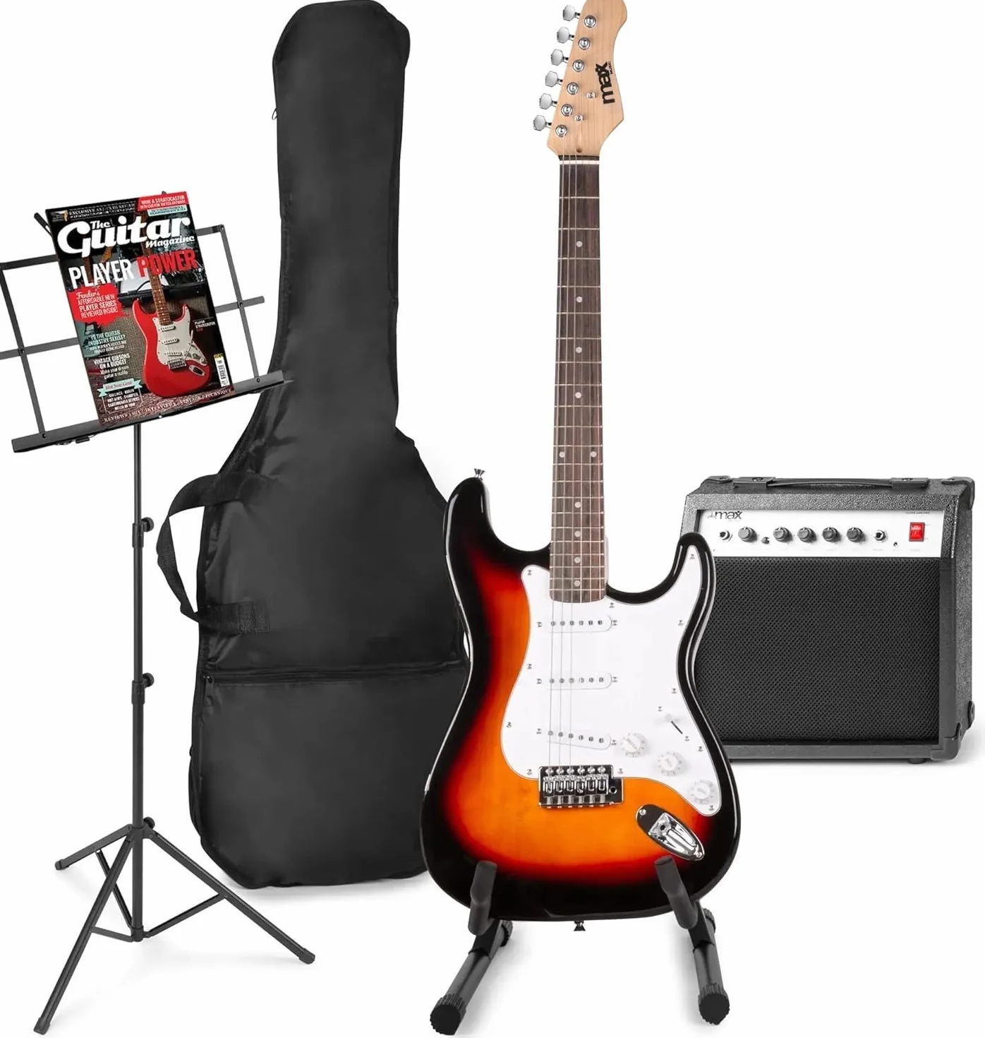 MAX GigKit - Guitarra eléctrica 4/4 color Sunburst con amplificador 40W, funda, atril, soporte, correa, afinador, cable y accesorios completos incluidos, pack ideal para principiantes y estudiantes