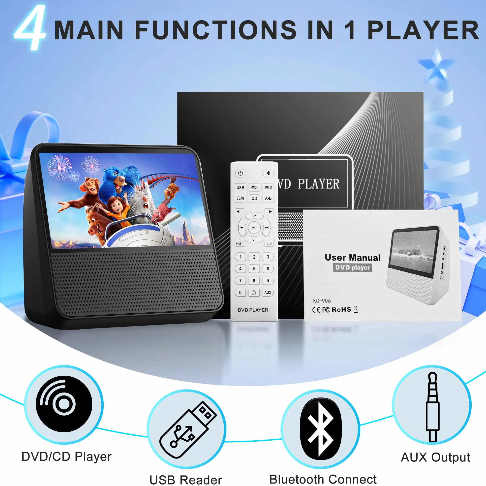 4000mAh Reproductor DVD Portátil Recargable, HD 9,8" DVD Player Todas Las regiones, Compatible con DVD/CD/Bluetooth/AUX/RCA/USB, Temporizador, Control de Brillo, Música Bluetooth, Mando a Distancia