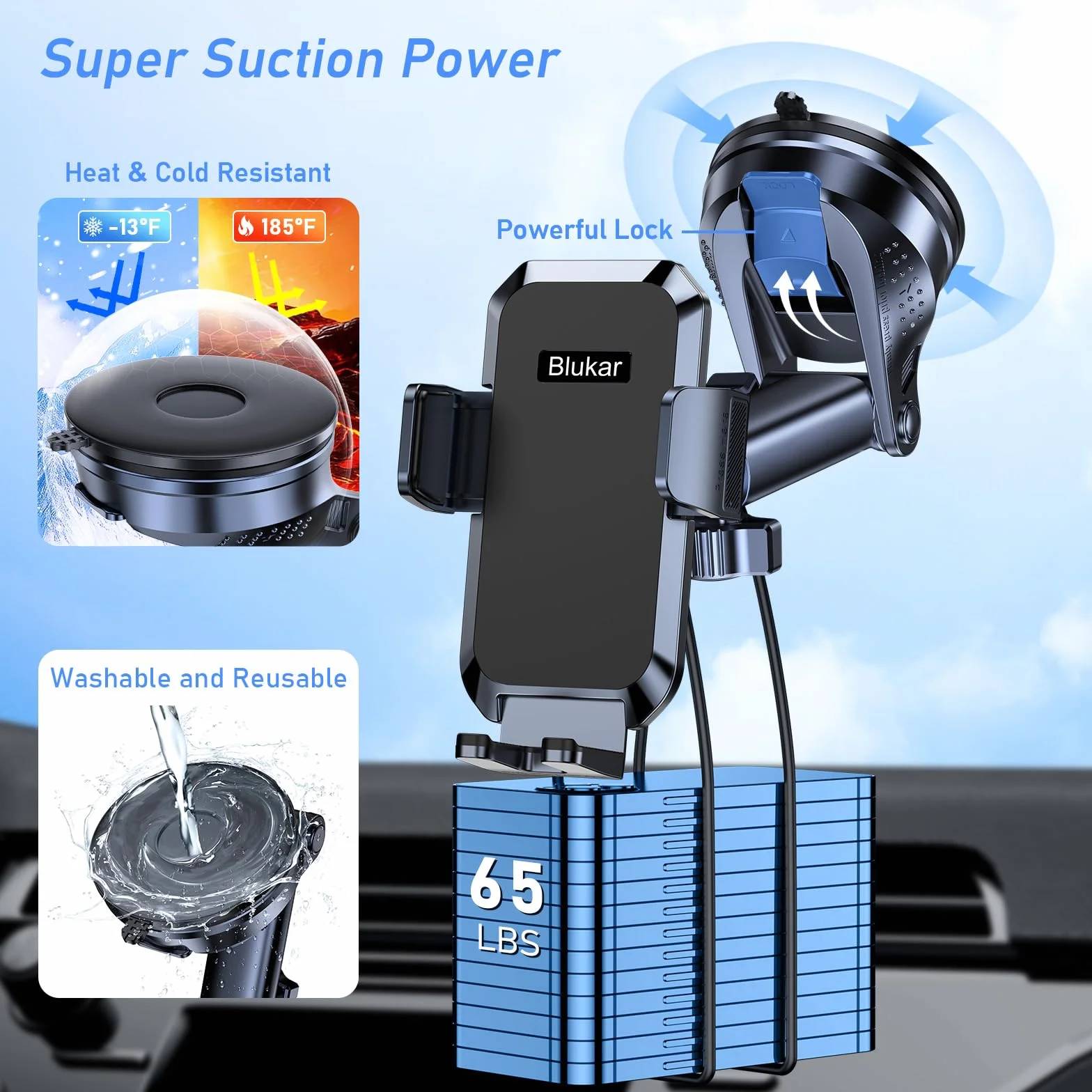 Blukar Soporte Móvil Coche, 2023 Upgraded Ajustable Soporte Teléfono Coche con Ventosa Fuerte & 360° Rotación - Liberación de un Botón Porta Movil Coche para Todos los Teléfonos de 4.0''-7.0'' (Negro)
