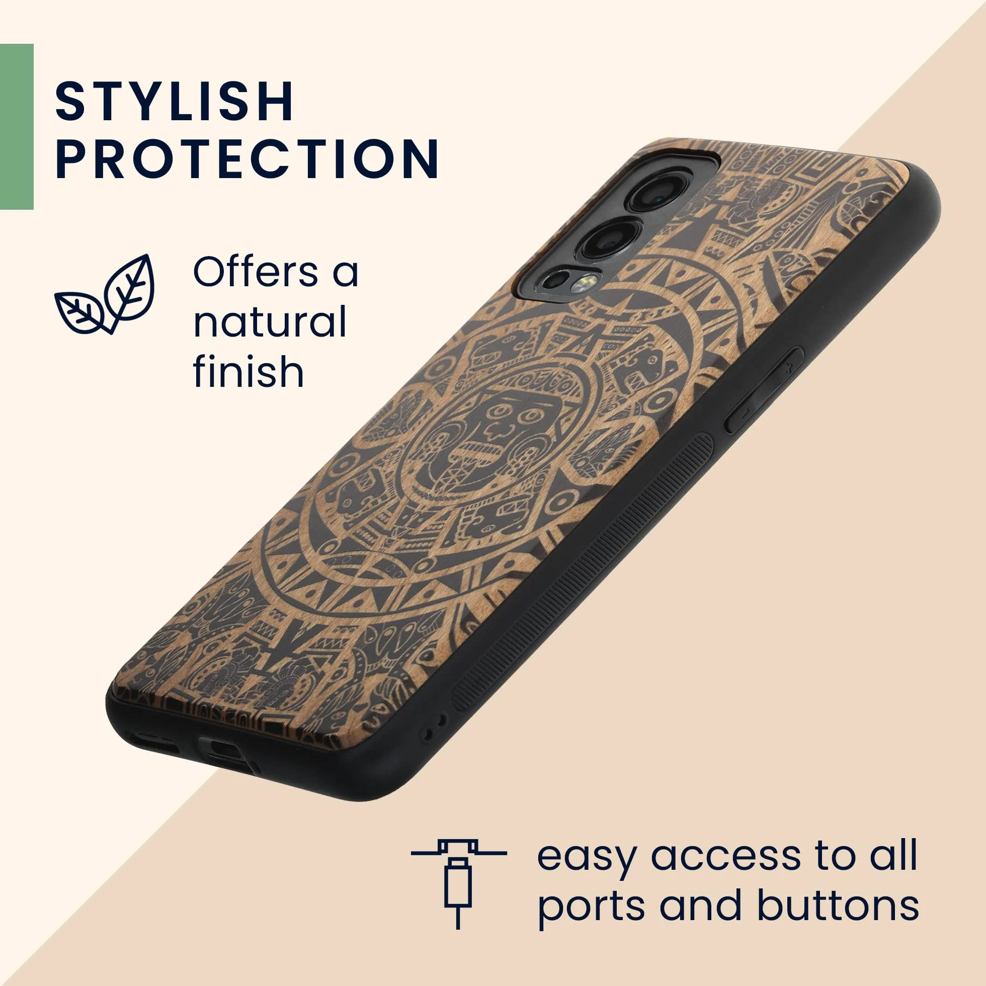 kwmobile Carcasa OnePlus Nord 2 5G Funda de Madera con Bumper Antigolpes Calendario Azteca
