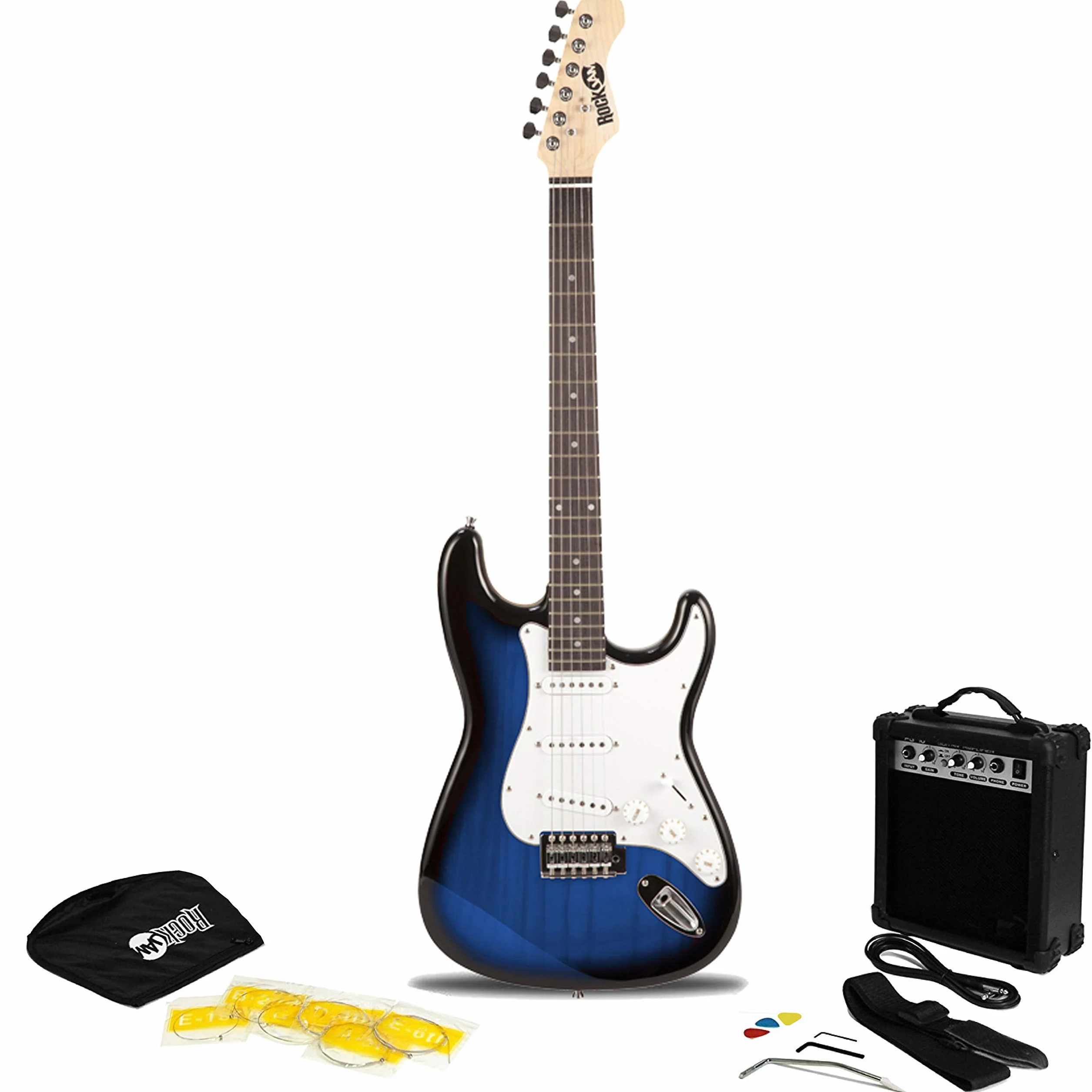 Kit de guitarra eléctrica RockJam de tamaño completo con amplificador de guitarra de 20 vatios, lecciones, correa, estuche, púas, trémolo, cuerdas de plomo y de repuesto - Explosión Azul