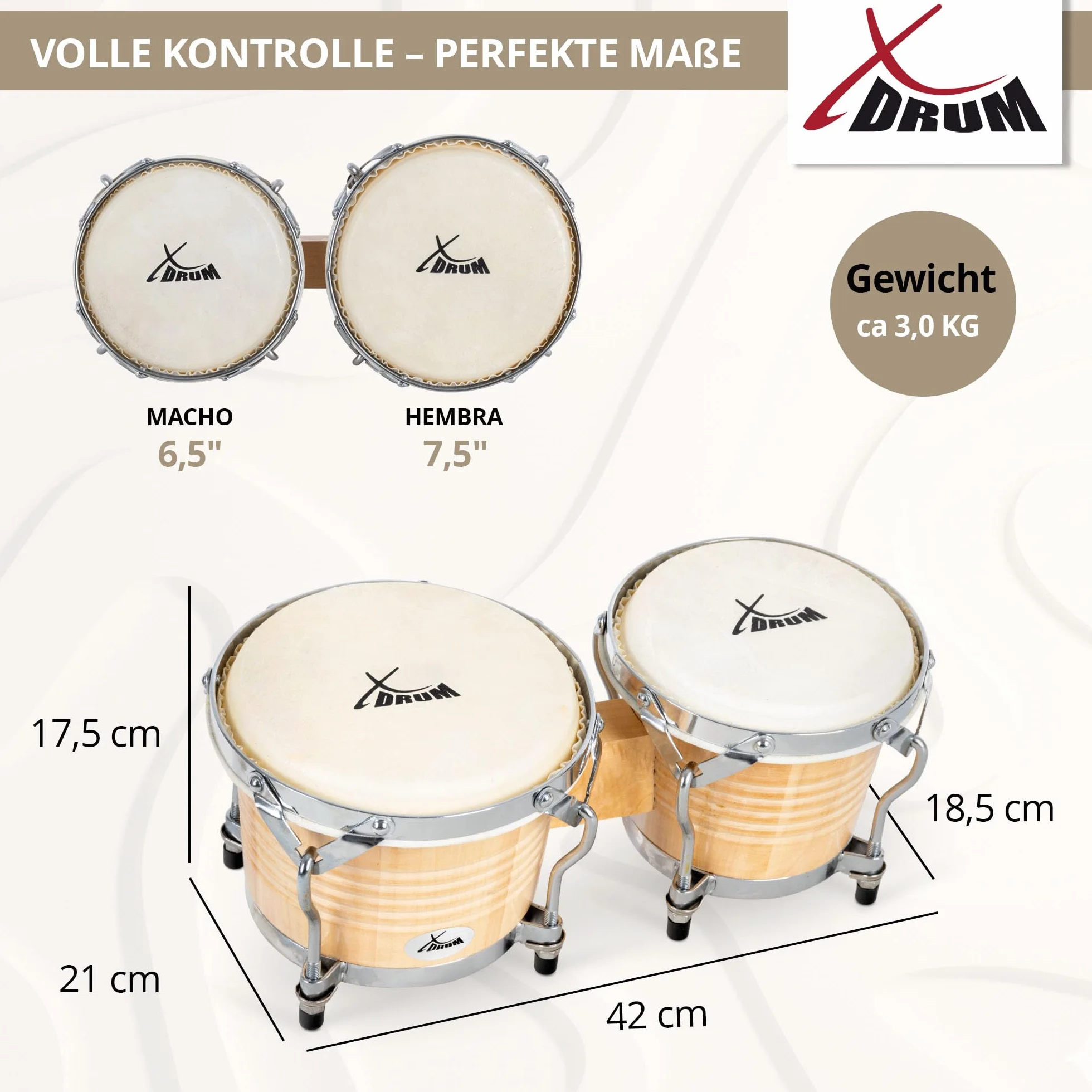 XDrum Bongos Pro Natur - 2 tambores con diámetros de 6,5" (17 cm) y 7,5" (20 cm) - Bongos con parches naturales afinables, llave de afinación y soporte - Tambores de madera en color natural