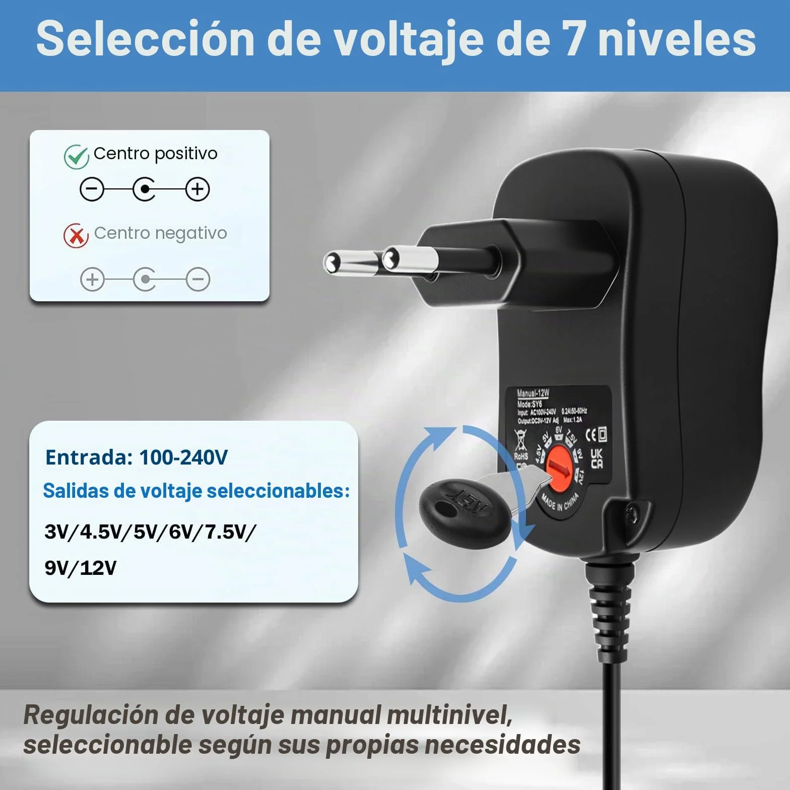 12 W - Adaptador de corriente universal AC/DC 3 V, 4,5 V, 5 V, 6 V, 7,5 V, 9 V, 12 V, con 8 conectores DC Transformador de alimentación multivoltaje para luz Router TV Box Cámara Tableta 1000 mA Max