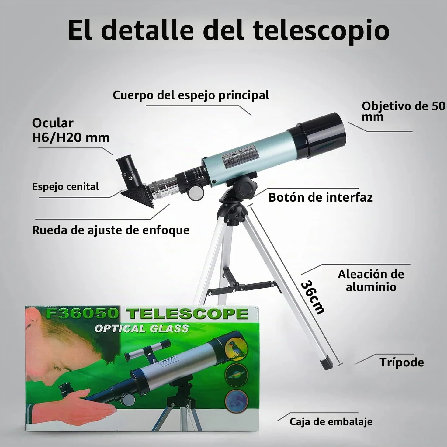 Telescopio Astronómico 360/50mm 90X Refractor con Trípode para Niños Adultos Observar Luna Aves