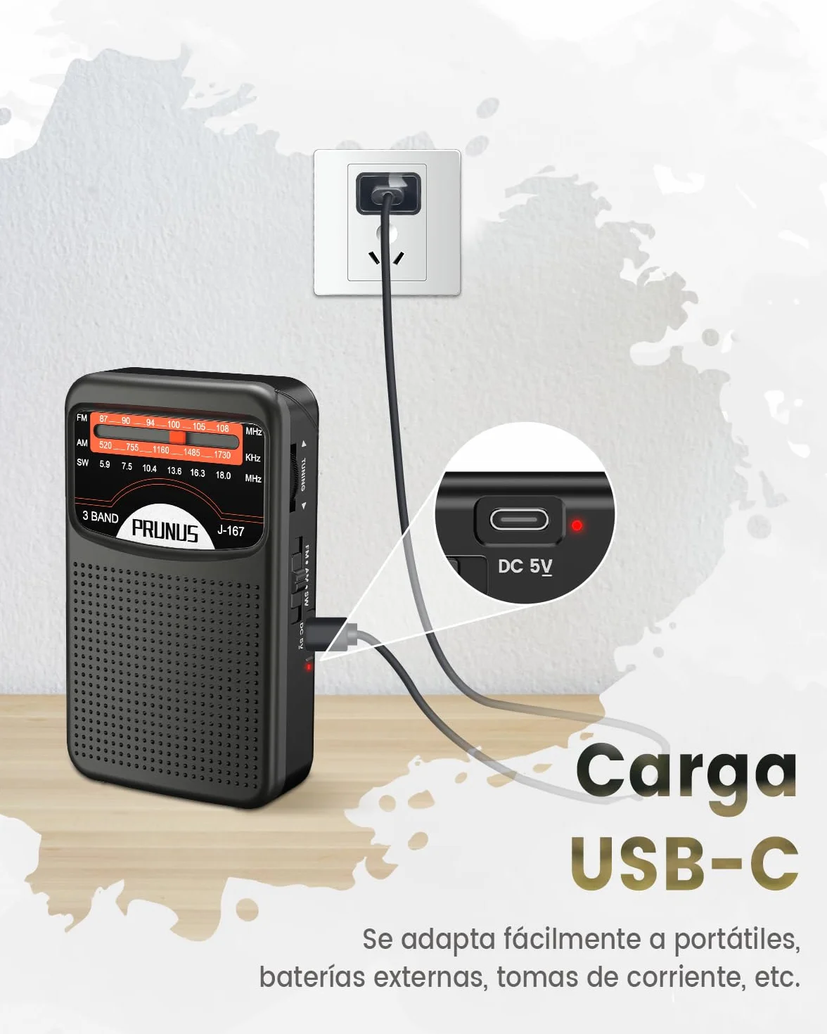 PRUNUS J-167 Am/SW/FM Radio Portatil Pequeña Recargable, Transistor Radio de Bolsillo con Excelente Recepción, Carga USB-C, con Toma de Auriculares, para Correr, Caminar, Viajar.
