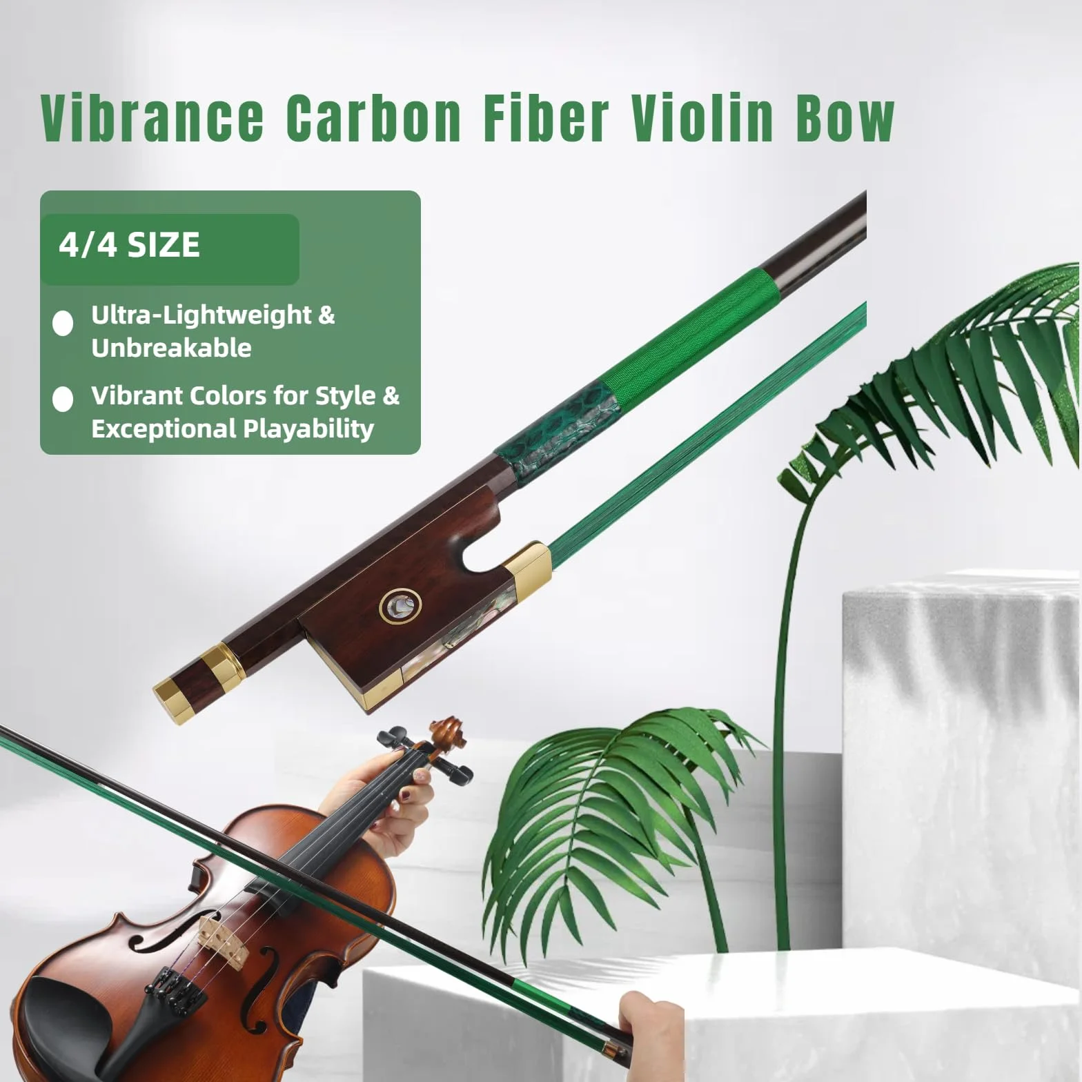 Arco para violín de fibra de carbono 4/4, ultraligero e irrompible con crin de caballo de colores, incrustaciones de rana de madera de serpiente y nácar, grado profesional para viajes y actuaciones