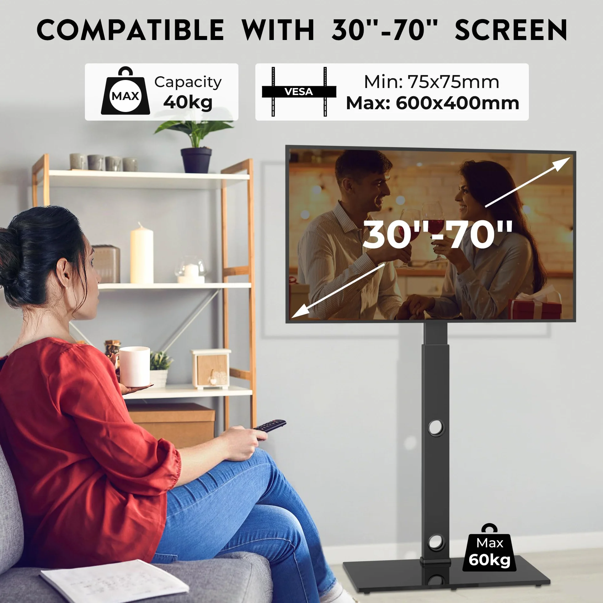 BONTEC Soporte TV Pie para Pantallas de 30-70 Pulgadas para TVs Planas y Curvas, Soporte Television Pie con 6 Niveles de Altura, hasta 40 kg, VESA Máx 600x400 mm, para Salón, Dormitorio y Oficina
