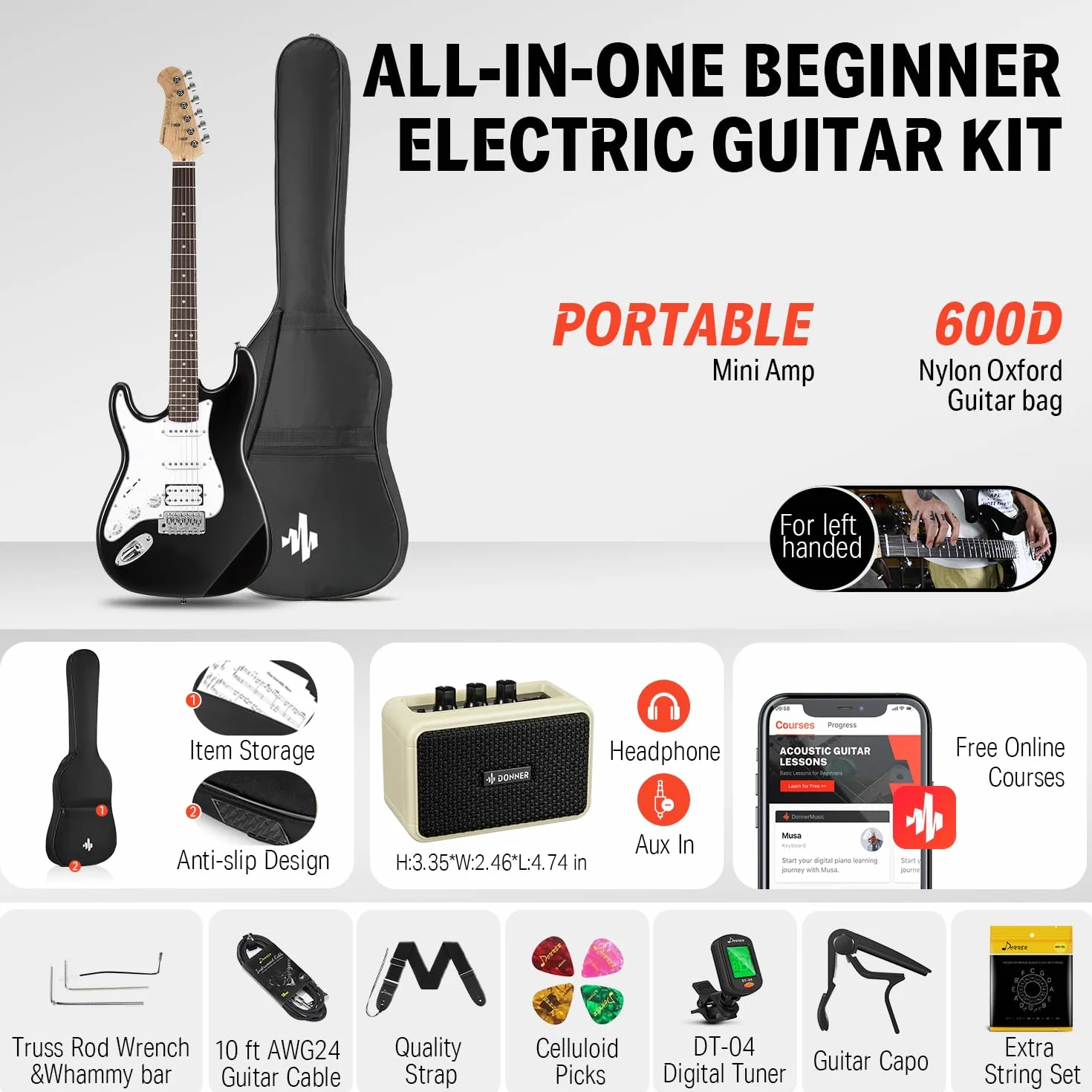Donner Guitarra Eléctrica para zurdos de tamaño completo de 39 pulgadas con amplificador, bolsa, capo, correa, cuerda, sintonizador, cable y púas (Negro, DST-100BL)