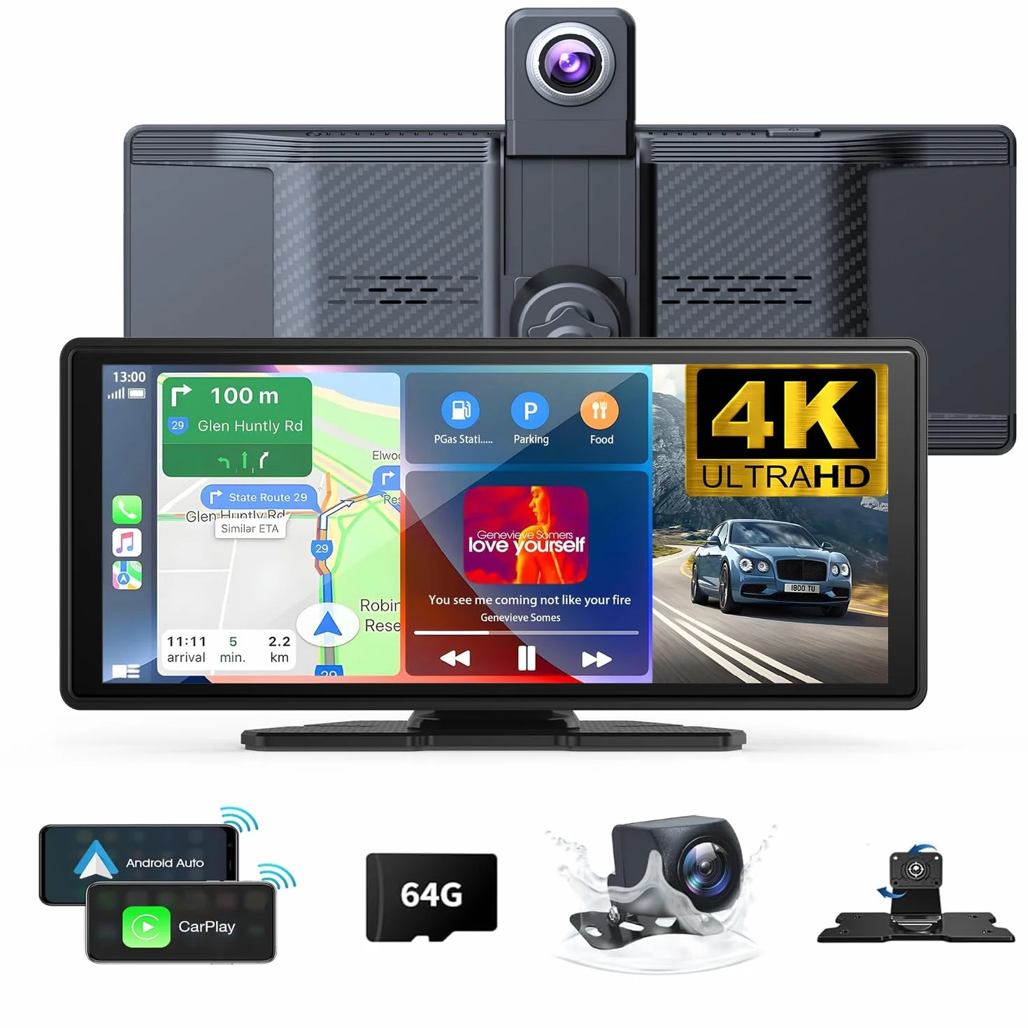 10.26" Wireless Carplay Screen 360 Rotation 4K Dash Cam Auto Stereo Backup Camera GPS Navigation