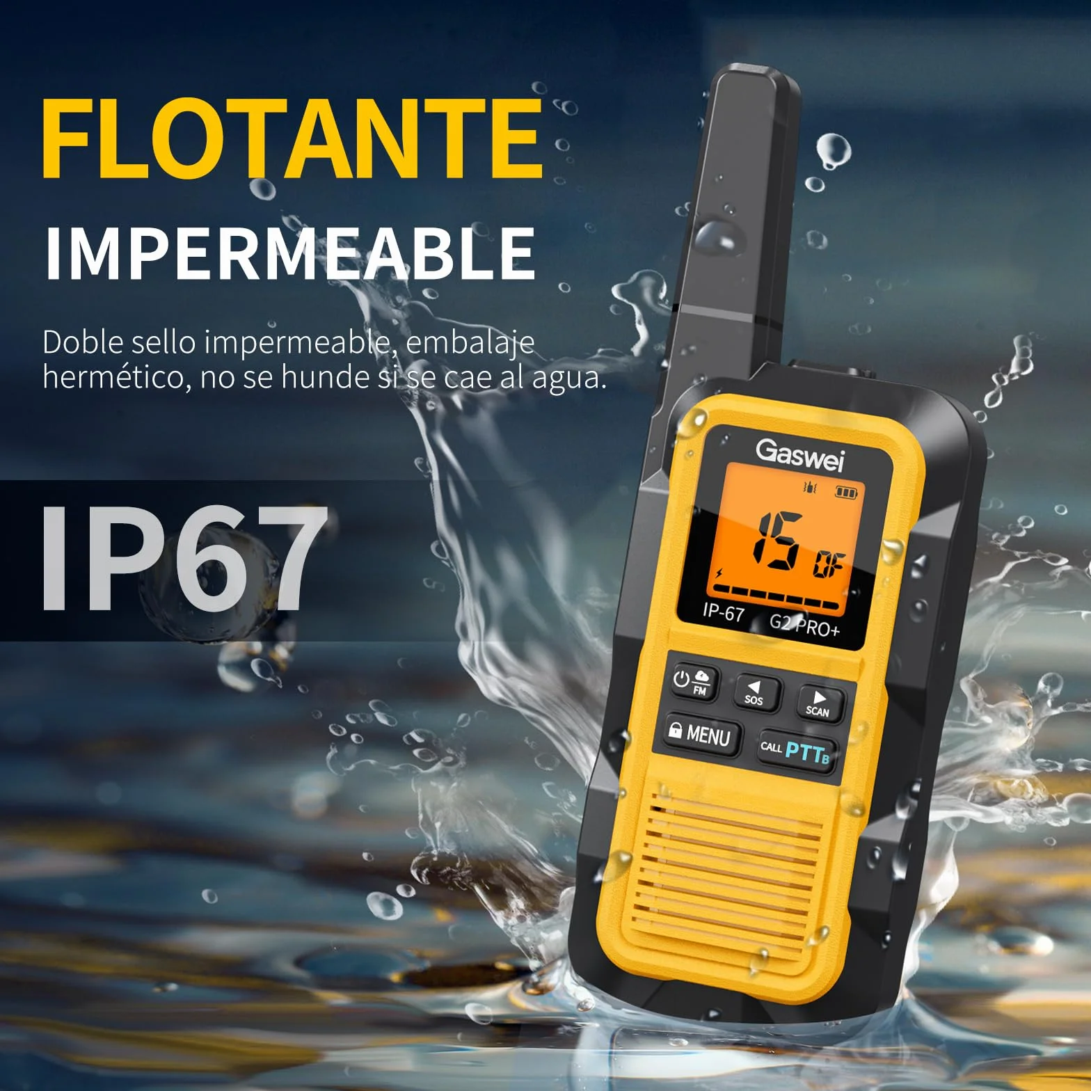Gaswei G2Pro Walkie-Talkies Profesionales, 2 Unidades - IP67 Impermeable y Flotante, Largo Alcance, SOS, Radio FM, Color Amarillo