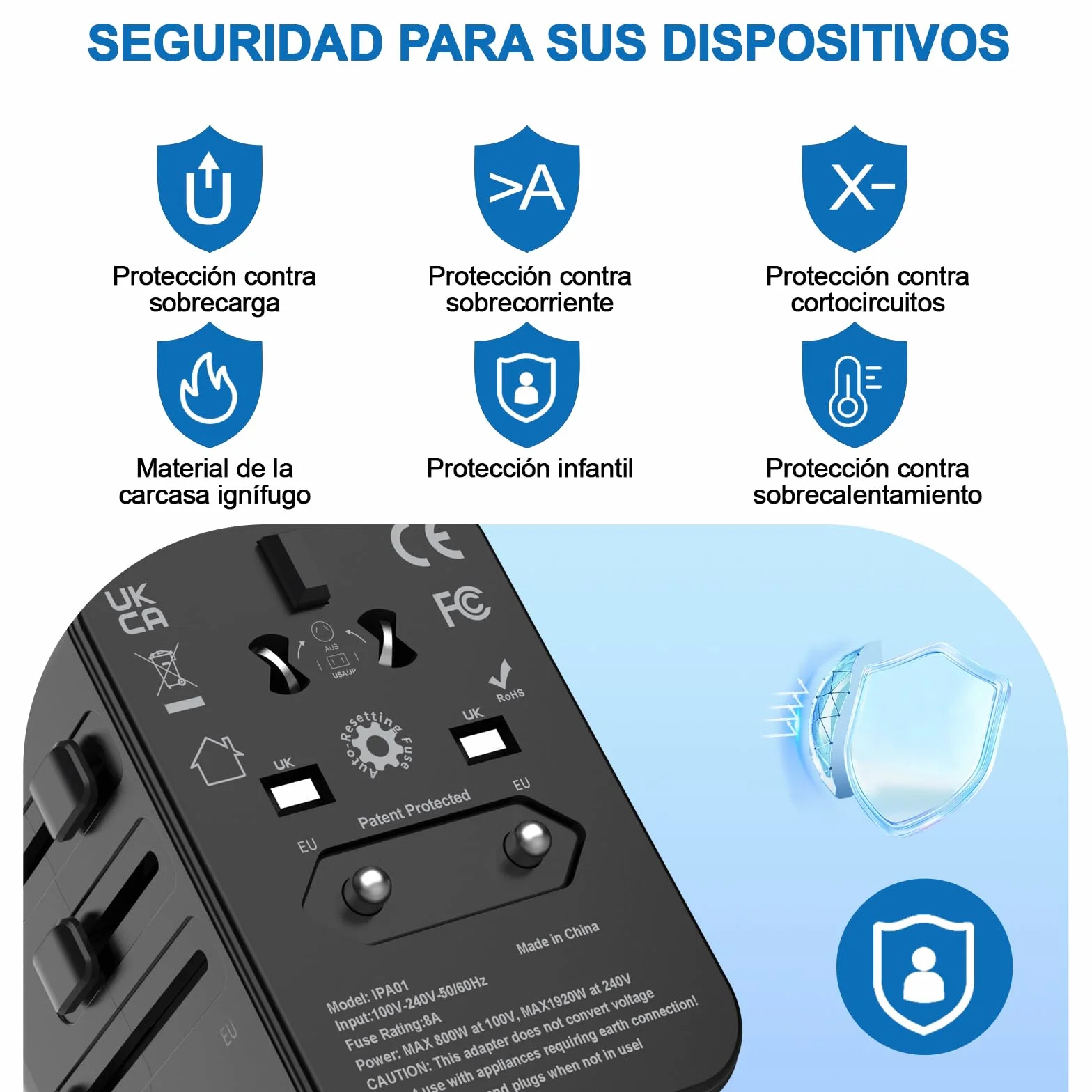 Adaptador Enchufe Universal Adaptador de Viaje con 2 USB-C y 2 USB-A, Enchufe USB Adaptador Universal para EU, UK, Americano, Canadá, Australia,Brasil,Argentina& 200+País
