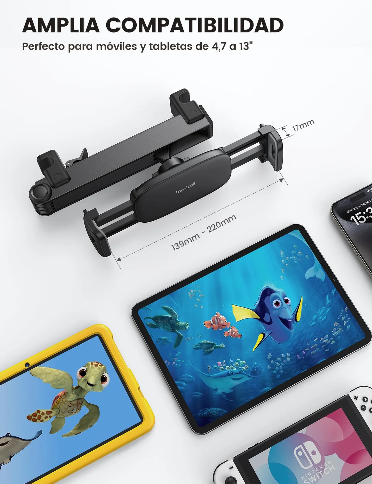 Lamicall Soporte Tablet Reposacabezas Coche - [con Cerradura] [Brazo de Extensión Biaxial Mejorado] 360°Rotación, Soporte Coche para iPad Pro, Air, Mini, Switch y Otros 4,7 a 13" Móvil y Tablet