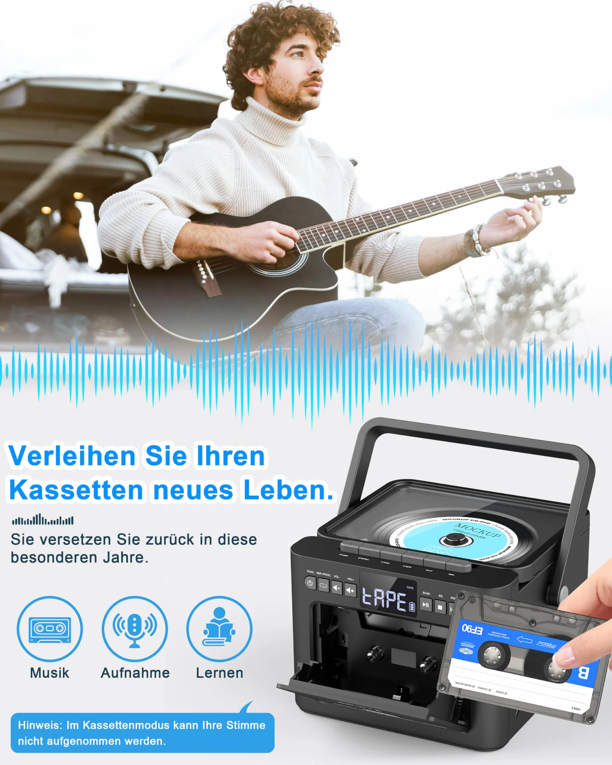 Greadio Reproductor de CD portátil Discman con protección antiskip, 4 Sonidos EQ, Tarjeta TF/Salida AUX, Compatible con CD-R, CD-RW y MP3