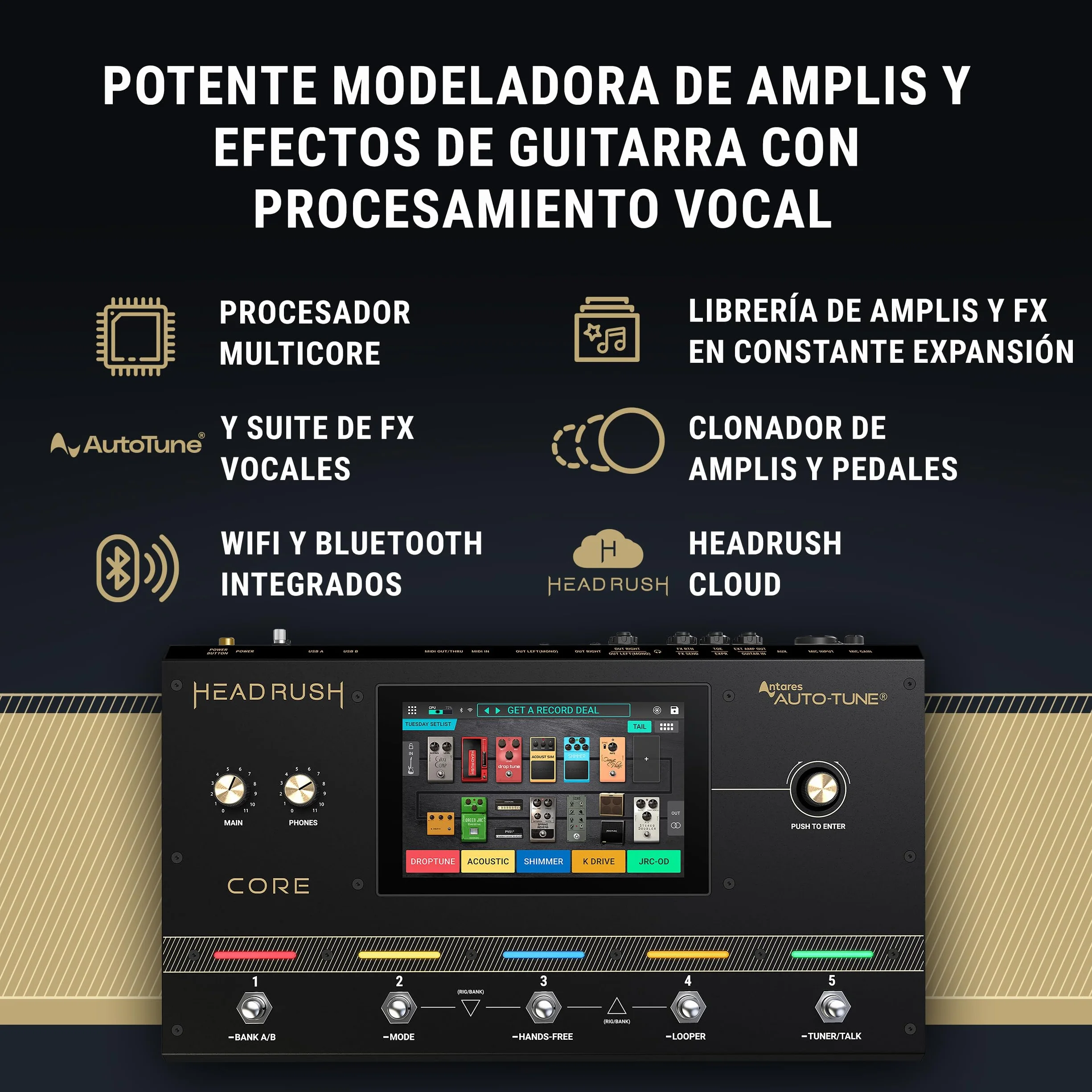 HeadRush Core - Procesador de Modelado de Amplis de FX para Guitarra y Voz con Clonación, Looper, Antares Auto-Tune, WIFI, Pantalla Táctil y Bluetooth