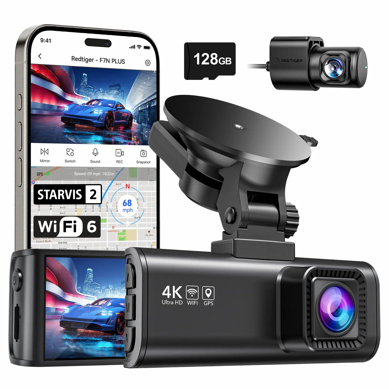 REDTIGER Dashcam 4K/2.5K Delantera y Trasera con STARVIS 2,Pantalla IPS de 3,18 Pulgadas, Tarjeta de 128 GB, WiFi de 5,8 GHz, GPS, WDR Gran Angular de 170°, Admite hasta 256 GB (F7NP)