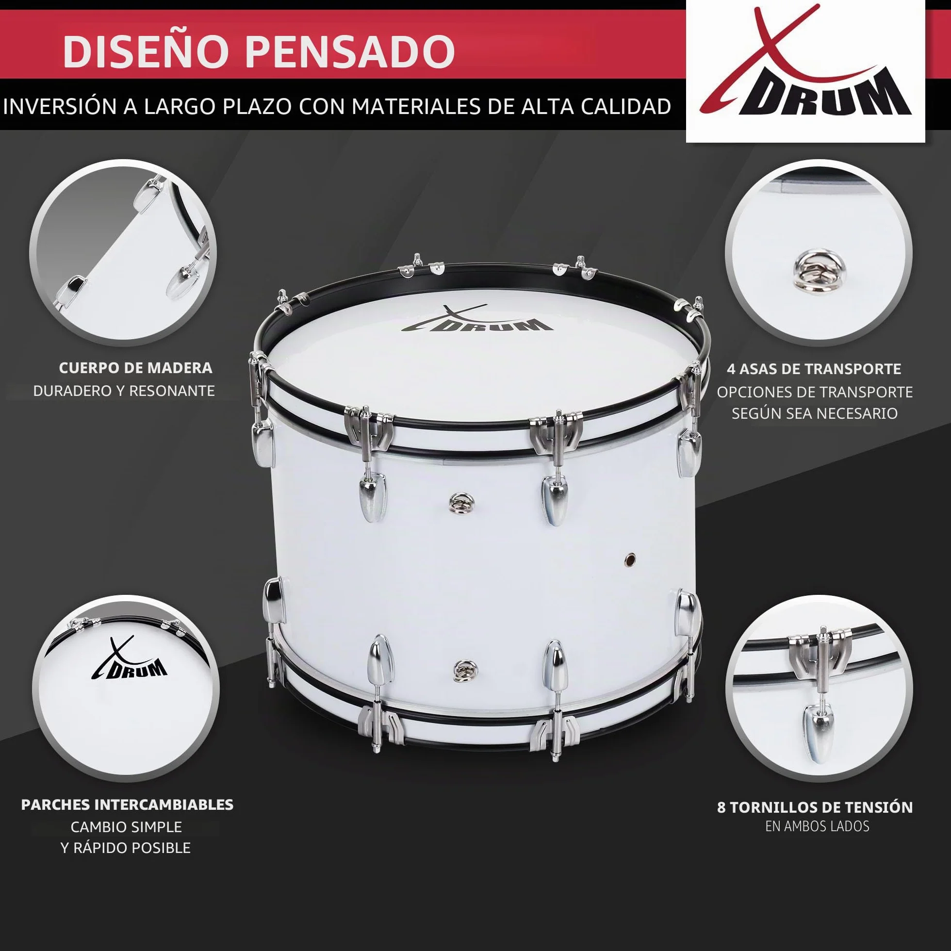 XDrum MBD-218 Tambor de marcha 18x12" - Bombo grande, 6,5 kg; 4 anillas de sujeción; 8 tornillos de tensión por lado; incluye mazas, correas, llave de afinación; blanco