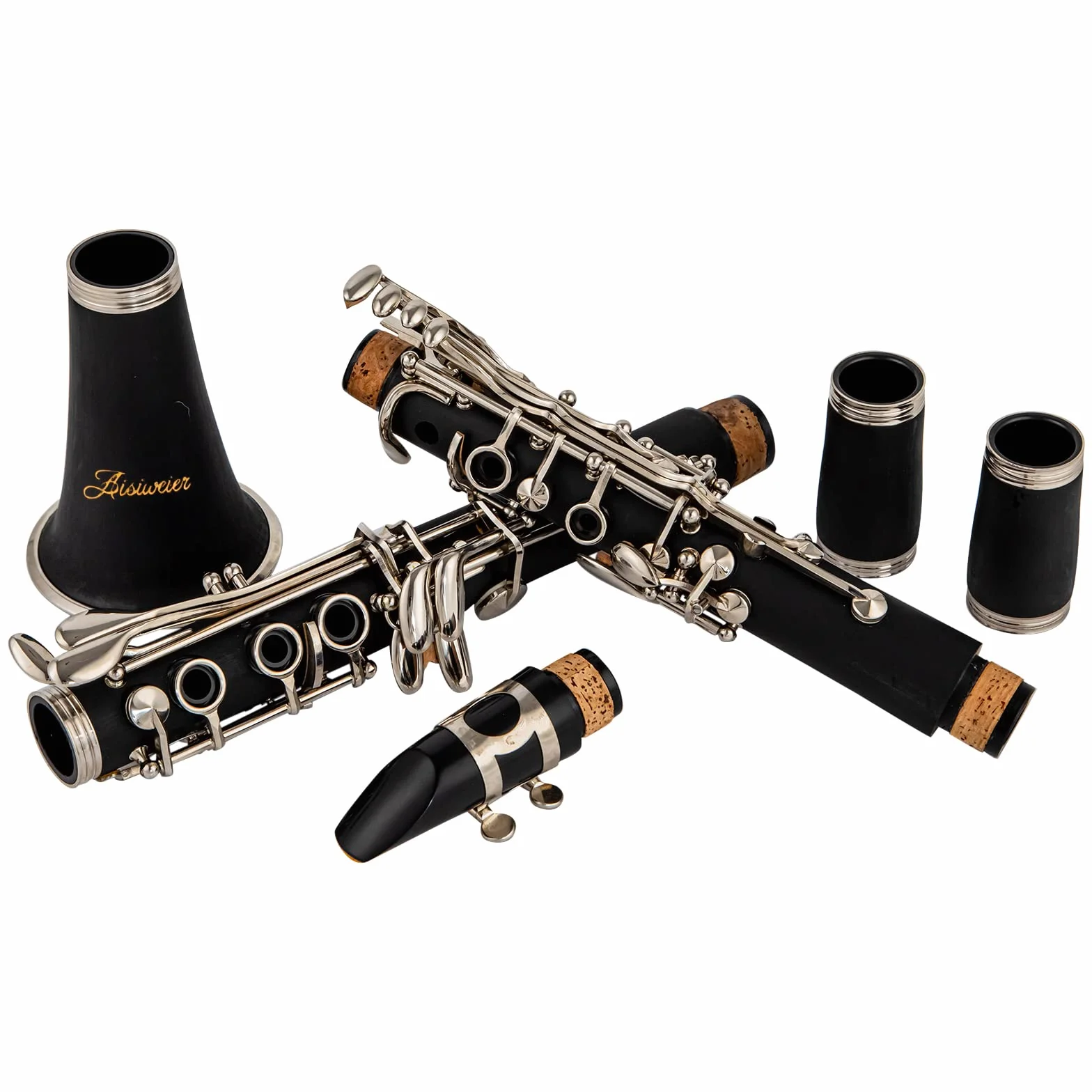 B-Flat Clarinete de ébonita negra para estudiantes principiantes, con llaves niqueladas, cinturón, grasa para articulaciones, guantes blancos, paño de pulido suave, cojín de 8 boquillas,