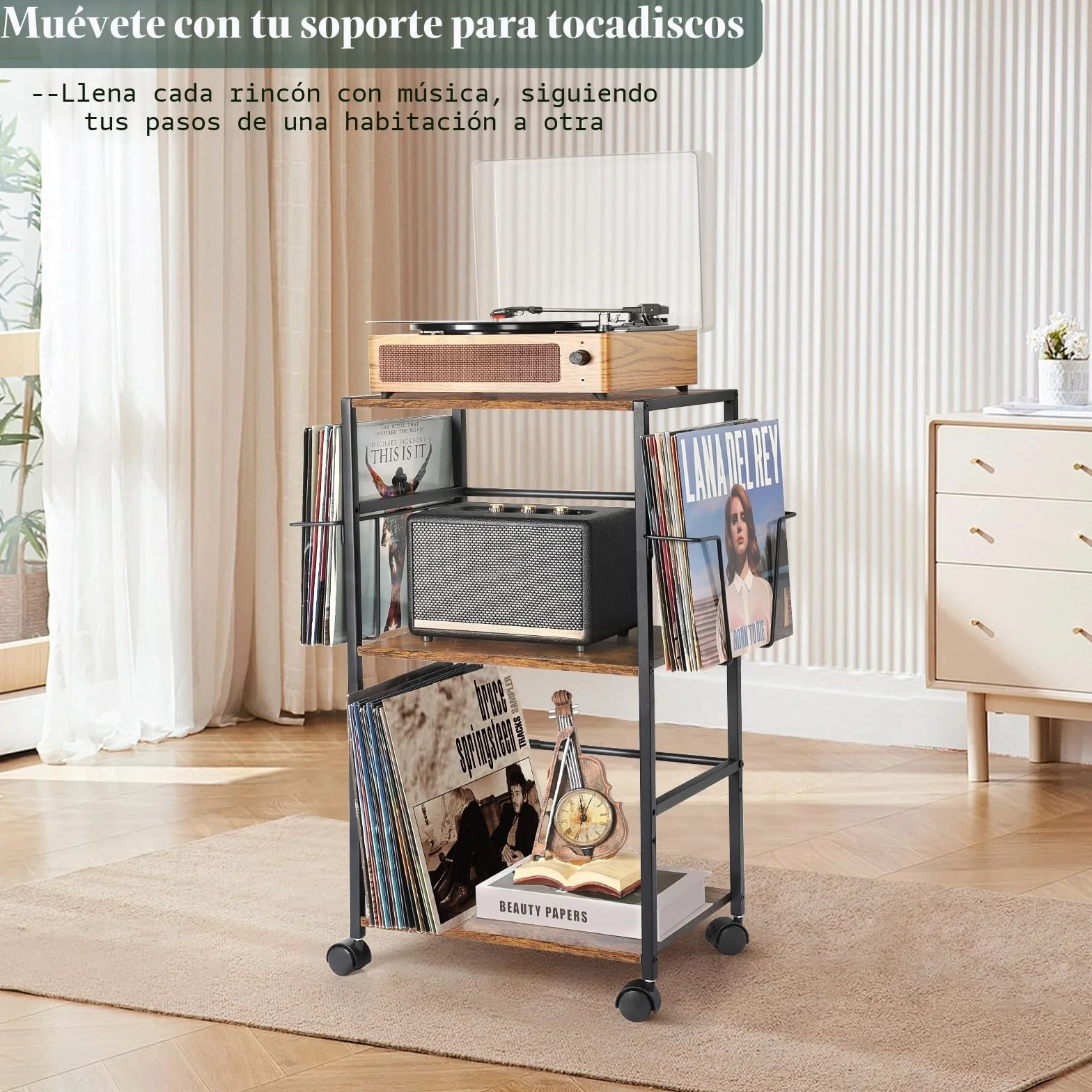 Bikoney Tocadiscos Almacenamiento, Laminación Mesa Auxiliar con Grande Soporte Tocadiscos, Reproductor Vinilo de Hasta 150 álbumes, Soporte Plato Giratorio con 2 Visualización de Vinilo