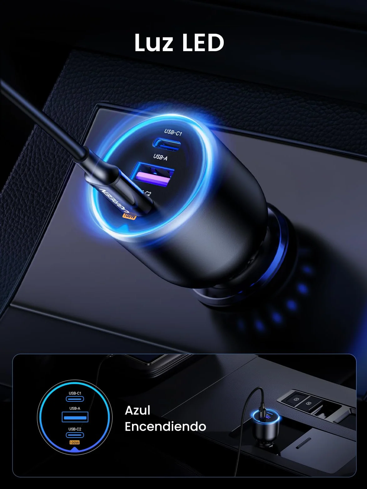 UGREEN 130W Cargador de Coche USB C Carga Rápida 3 Puertos Compatible iPhone Samsung Xiaomi MacBook iPad