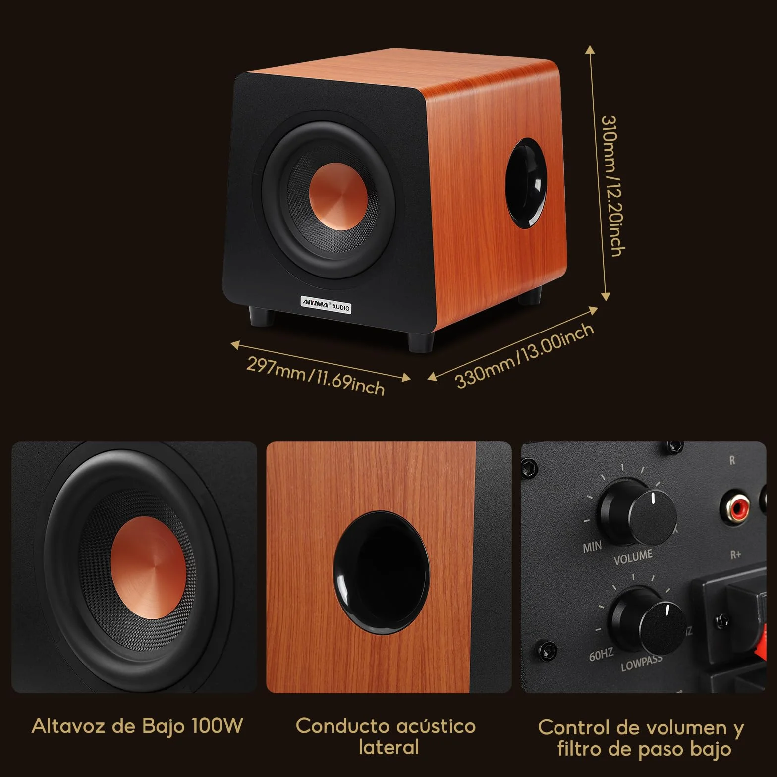 AIYIMA 800X Subwoofer Activo 8 Pulgadas 150W Pico 100W RMS Amplificador Integrado MDF 30Hz-300Hz RCA AUX LFE