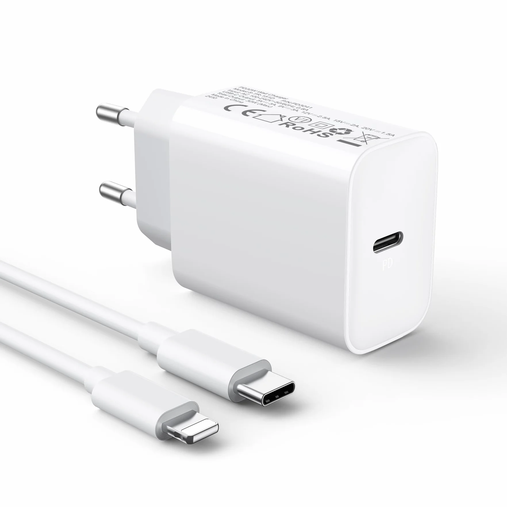 Cargador Carga Rápida USB C 30W para iPhone 14/13/12/11/SE/X/XS/XR/8/7, iPad, AirPods, Cable 2M