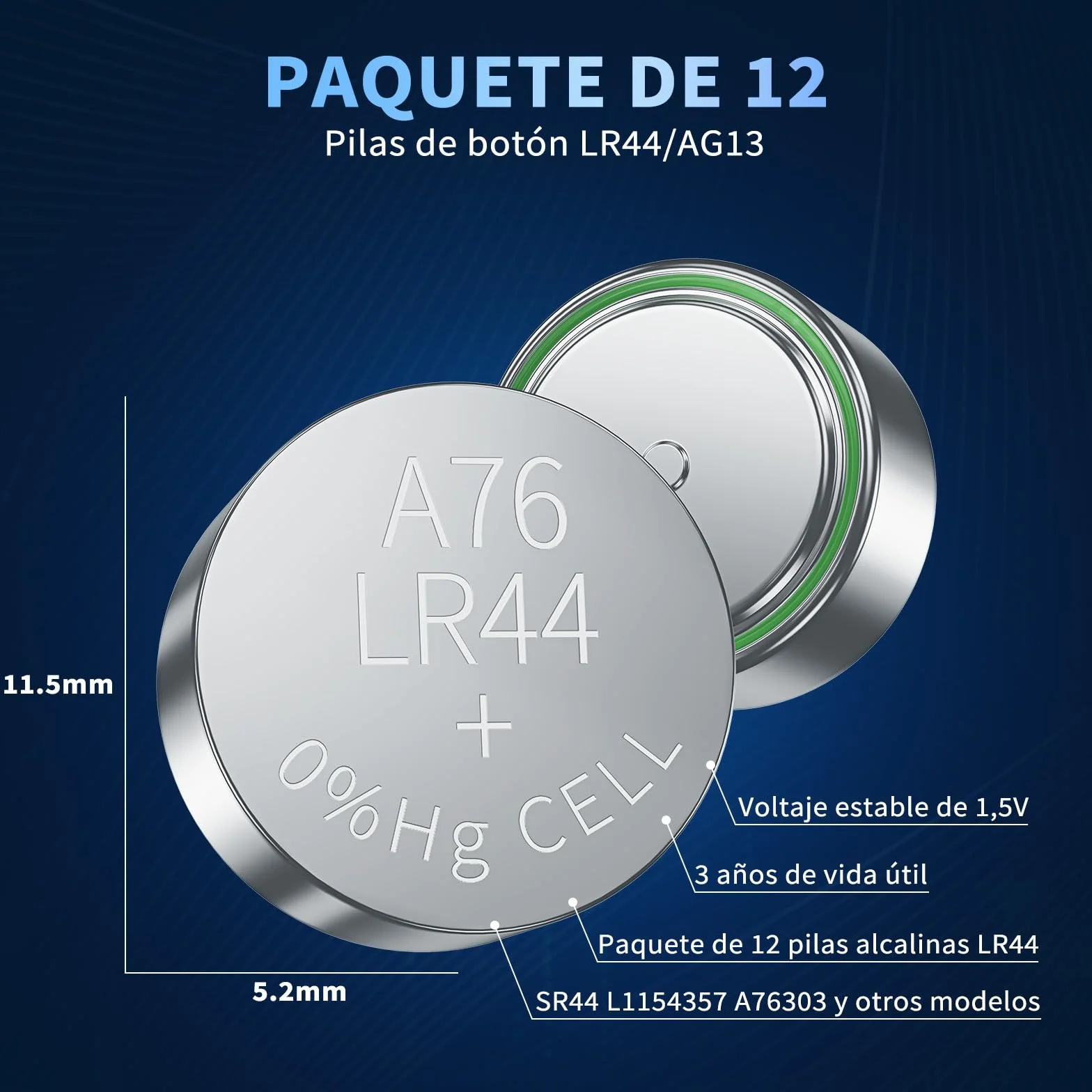 POWEROWL Pilas LR44 1,5V Alcalinas Paquete de 12 AG13 A76 357 LR44H SR44