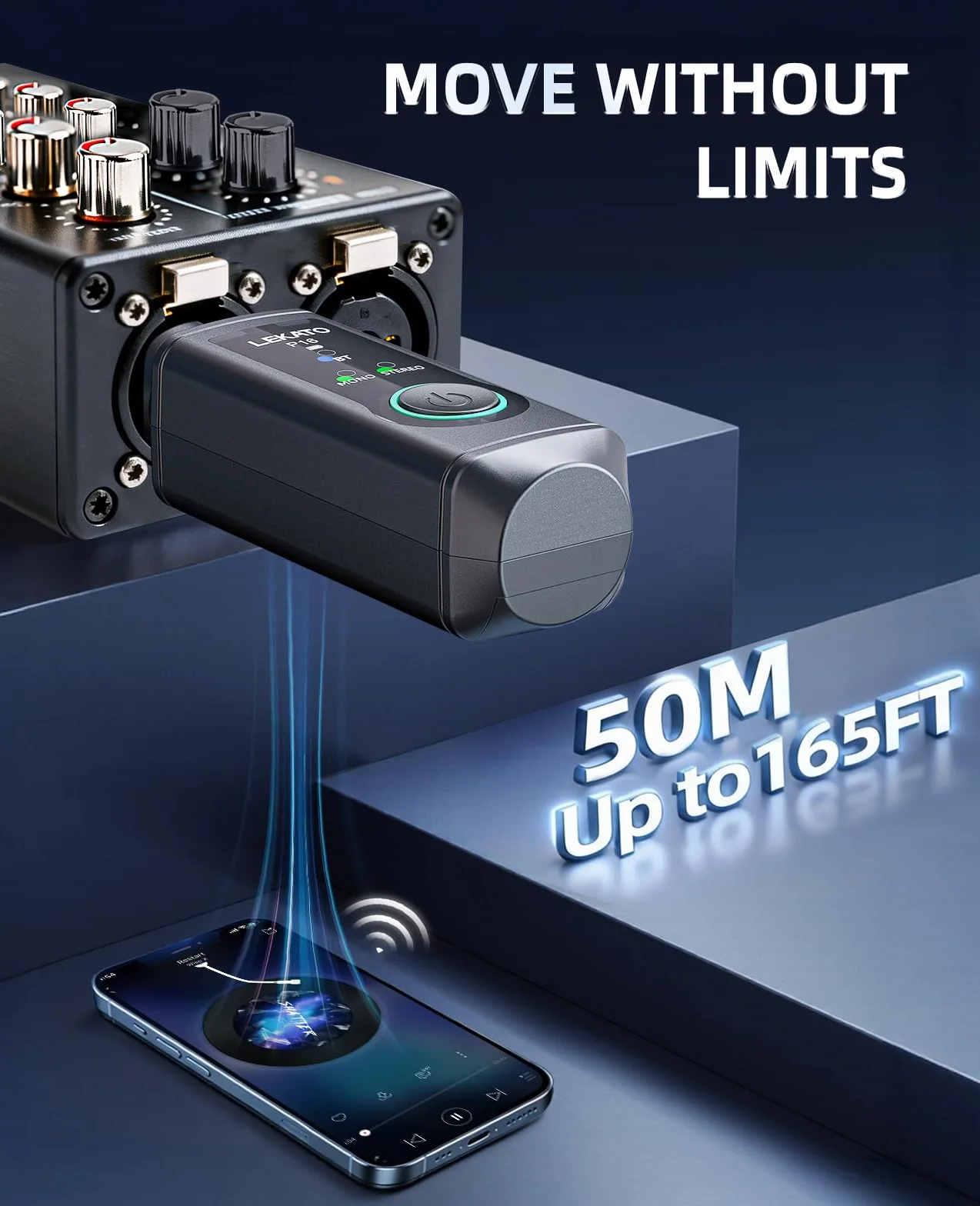 LEKATO P16 Receptor Bluetooth XLR, Audio Mono/Estéreo, Autonomía 15 h, Bluetooth 5.3, 48 kHz/24 bits, Alcance 50 m, para Mezcladores, DJ y Sistemas PA