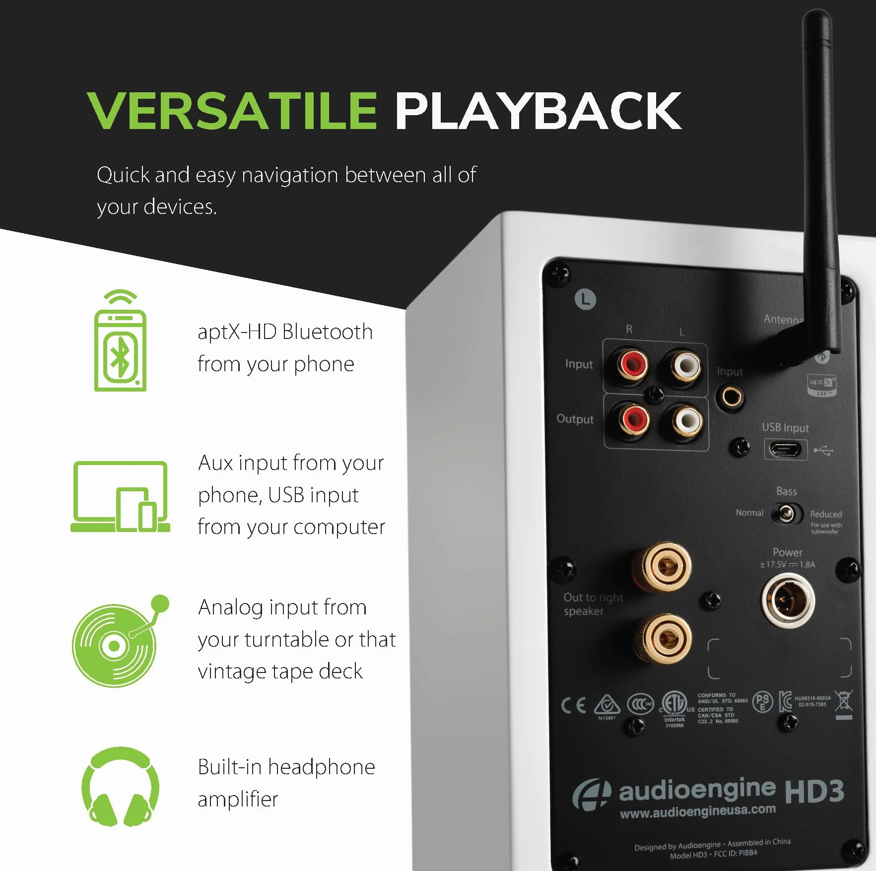 Audioengine HD3 60W Enceintes de Bureau Bluetooth aptX HD DAC 24 bits USB Blanc