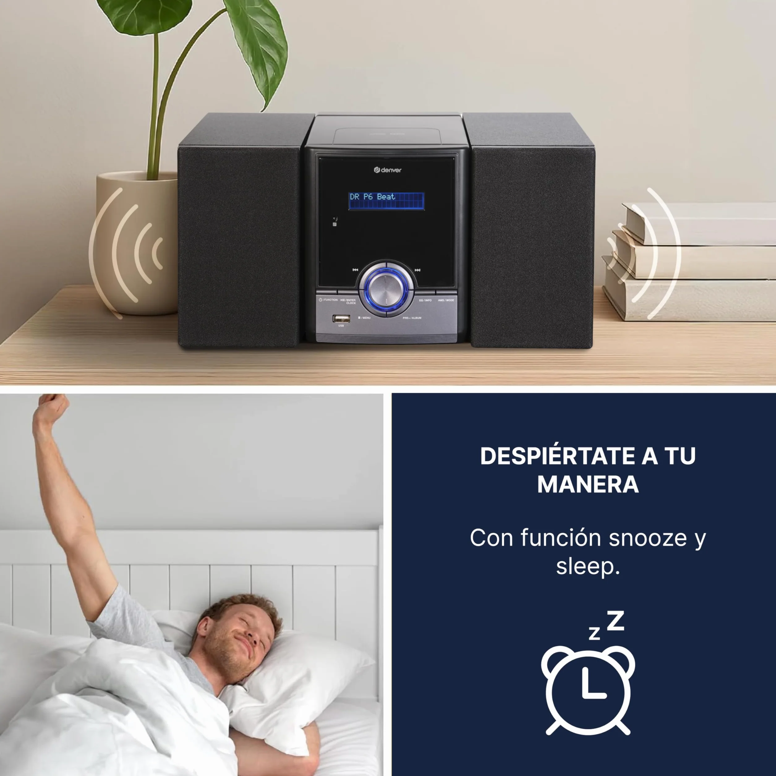 Denver MDA-285 Microcadena Dab/FM con CD, Bluetooth, USB MP3, AUX, Auriculares, Doble Alarma, 2 x 5 W RMS