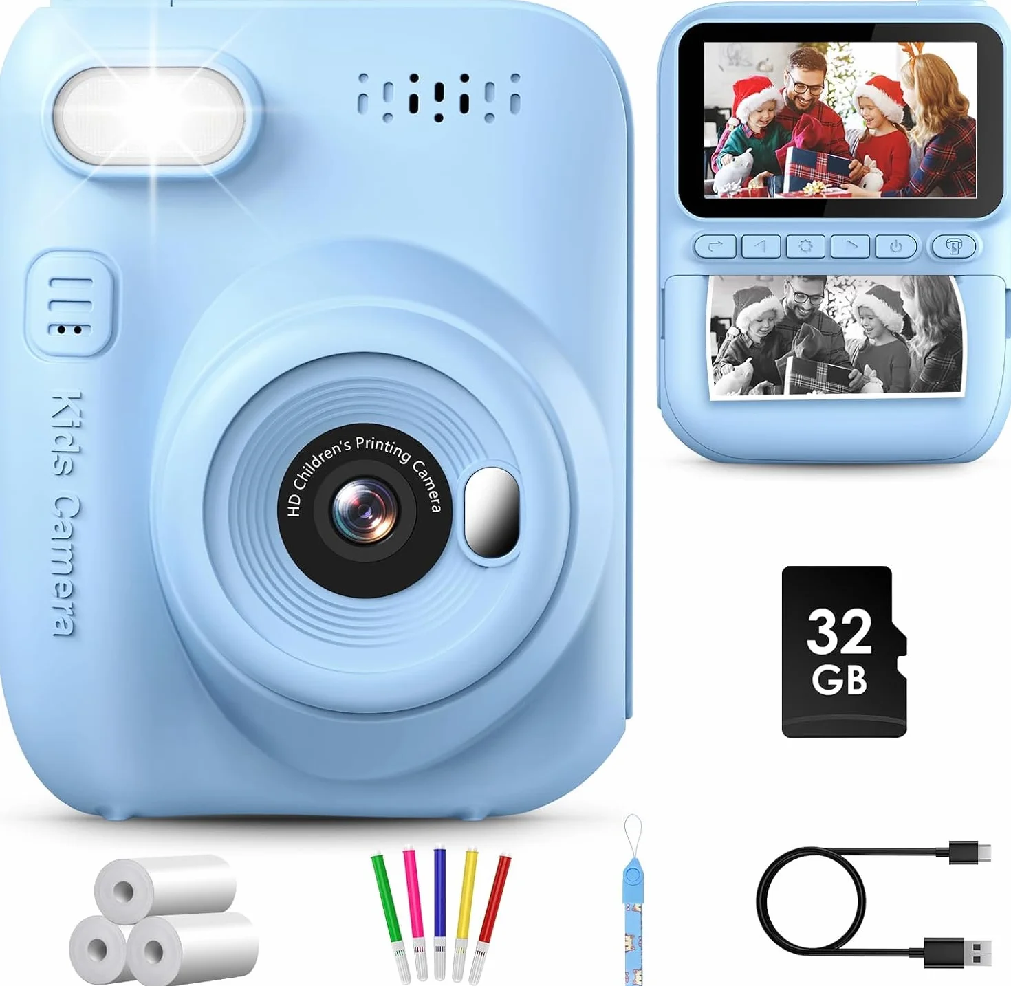 GREENKINDER Cámara Fotos Infantil Instantánea 14MP HD 1080P, 3,0 Pulgadas, con Tarjeta 32 GB y Papel de Impresión