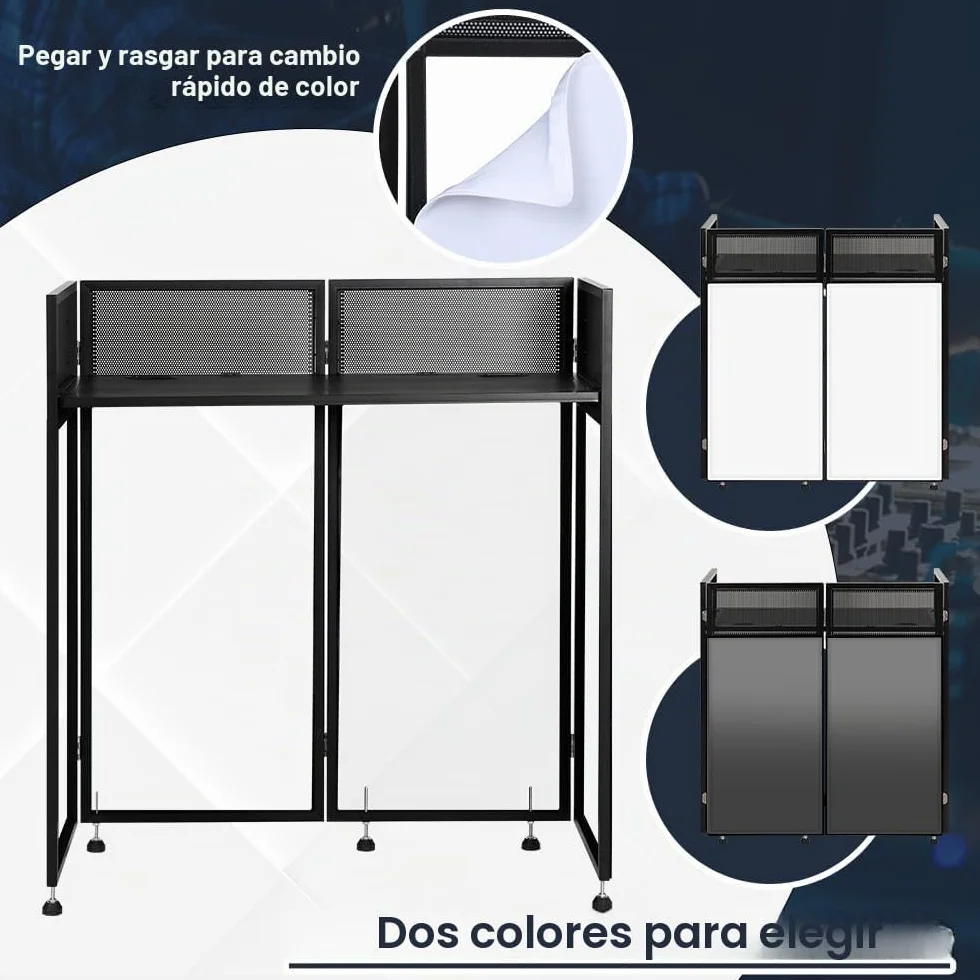 Kokorona Cabina de DJ Portátil 108 x 51 x 115 cm, Cabina de Fachada de DJ con Pantallas Negras y Blancas, Cabina de DJ Plegable Ajustable para Fiestas, Estación de Mesa de Fachada de DJ con Orificio