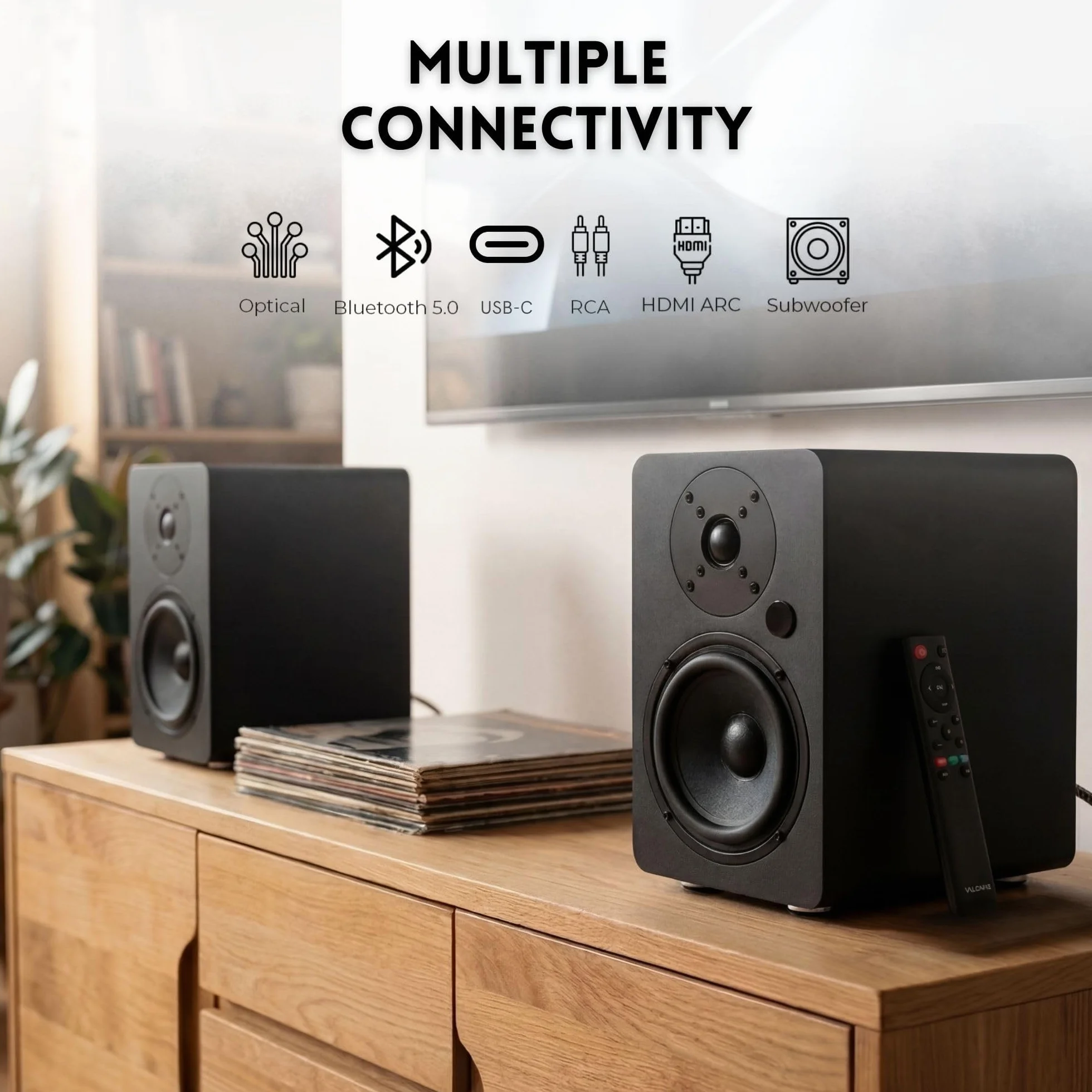 VULKKANO A5 ARC MKII Altavoces Autoamplificados con Woofer de 5.25", Bluetooth 5.0, HDMI ARC, Optica, RCA, USB, con Salida Subwoofer, Altavoces para la TV con Diseño Elegante, Color Negro