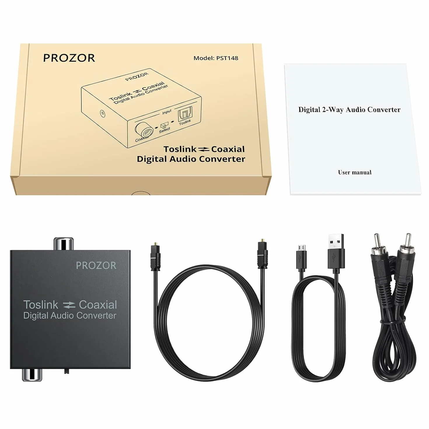 PROZOR Convertidor Audio Digital SPDIF Coaxial Óptico 192KHz DTS/Dolby-AC3 Divisor Bidireccional con Cable Óptico