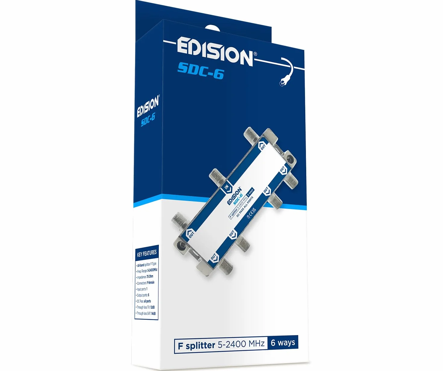 EDISION SDC-6 Repartidor 6 Salidas para señales SMATV, Splitter Adecuado para Terrestre, Satélite, Televisión por Cable, Radio, Unicable, 5-2400mhz, DVB-S2, DVB-T2, DVB-C, Paso de DC, 6-Vías