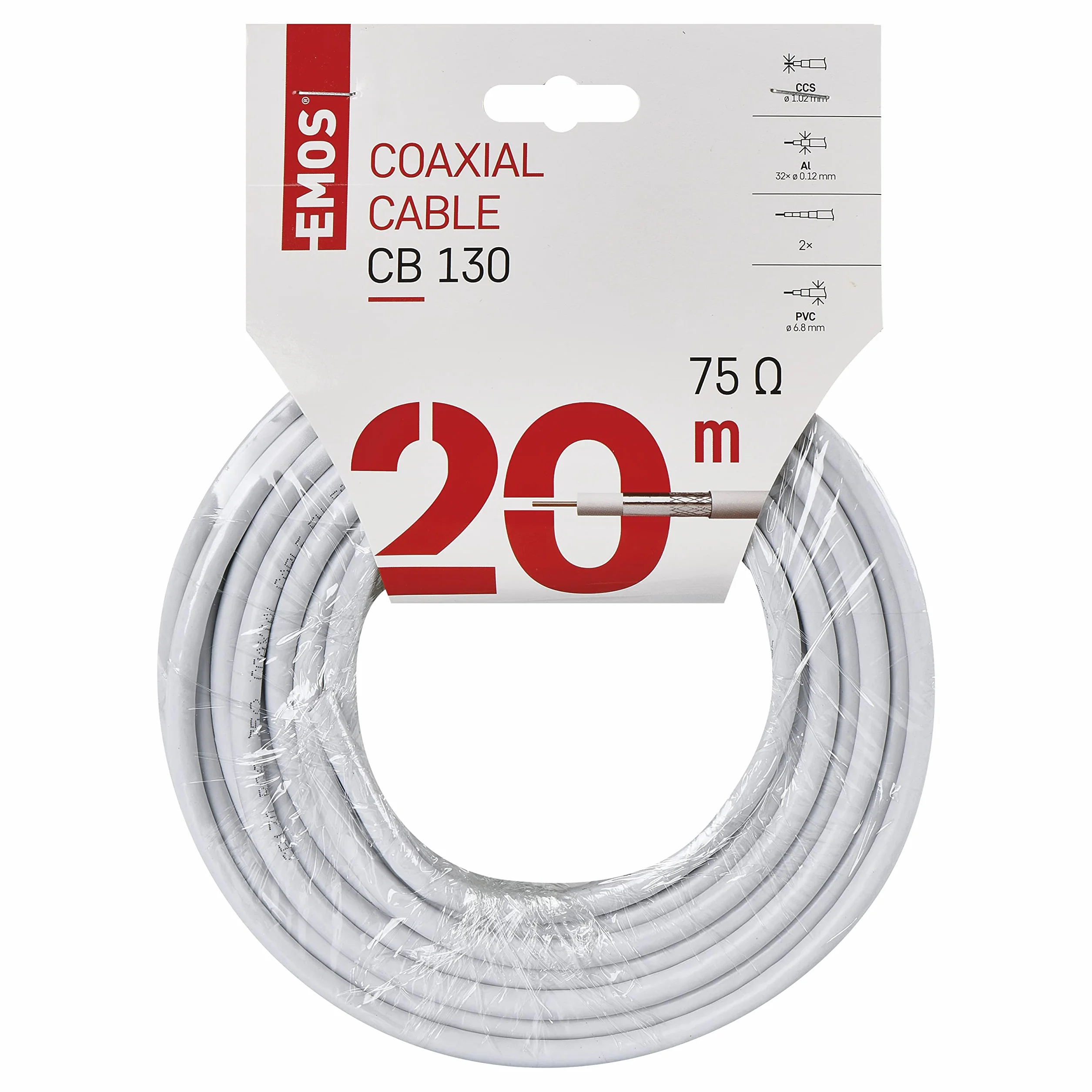 Cable de antena coaxial EMOS CB130 20 m blanco blindaje 75 dB 75 ohmios