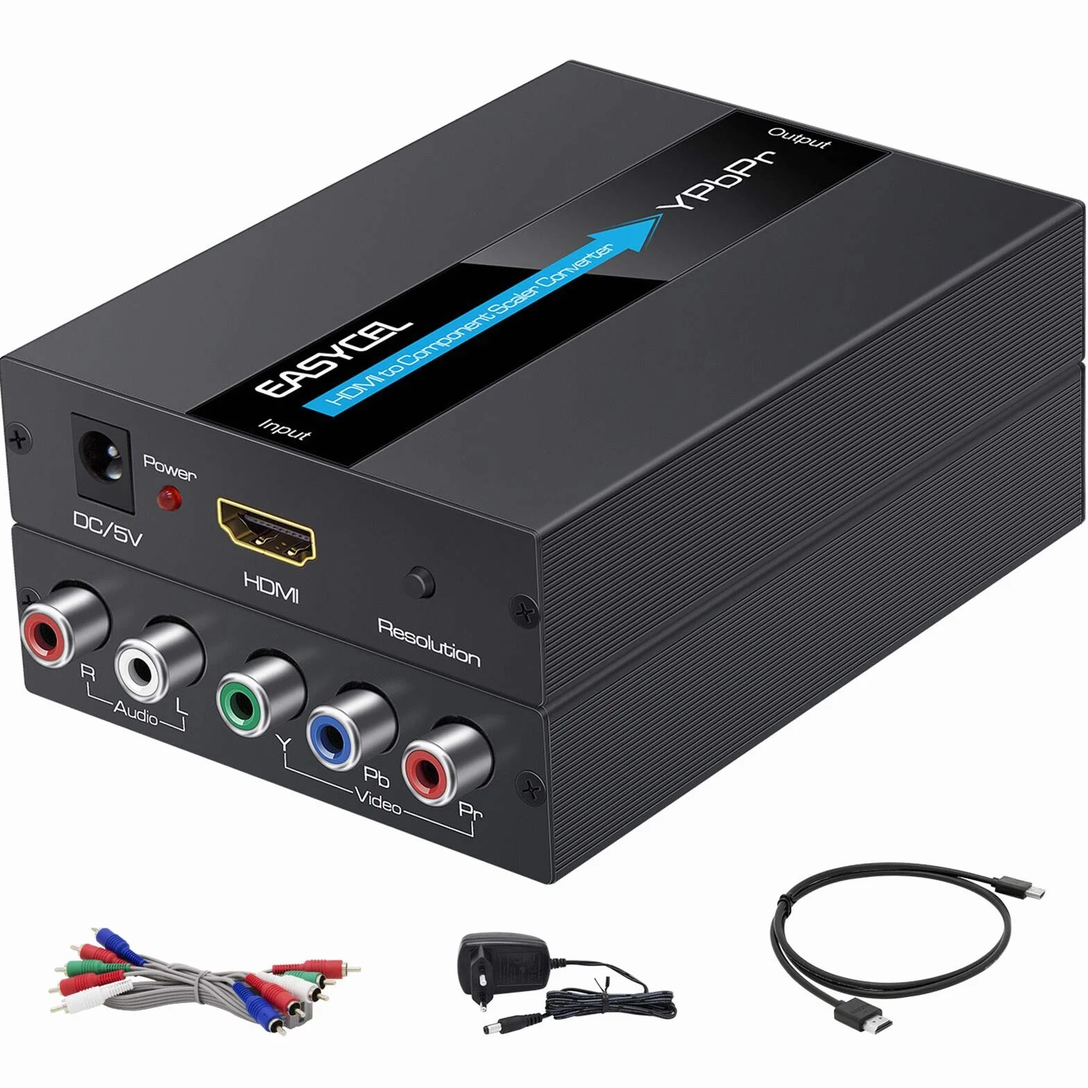 Convertidor de HDMI a Componente con Función de Escalado, Cables y Adaptador (Aluminio)