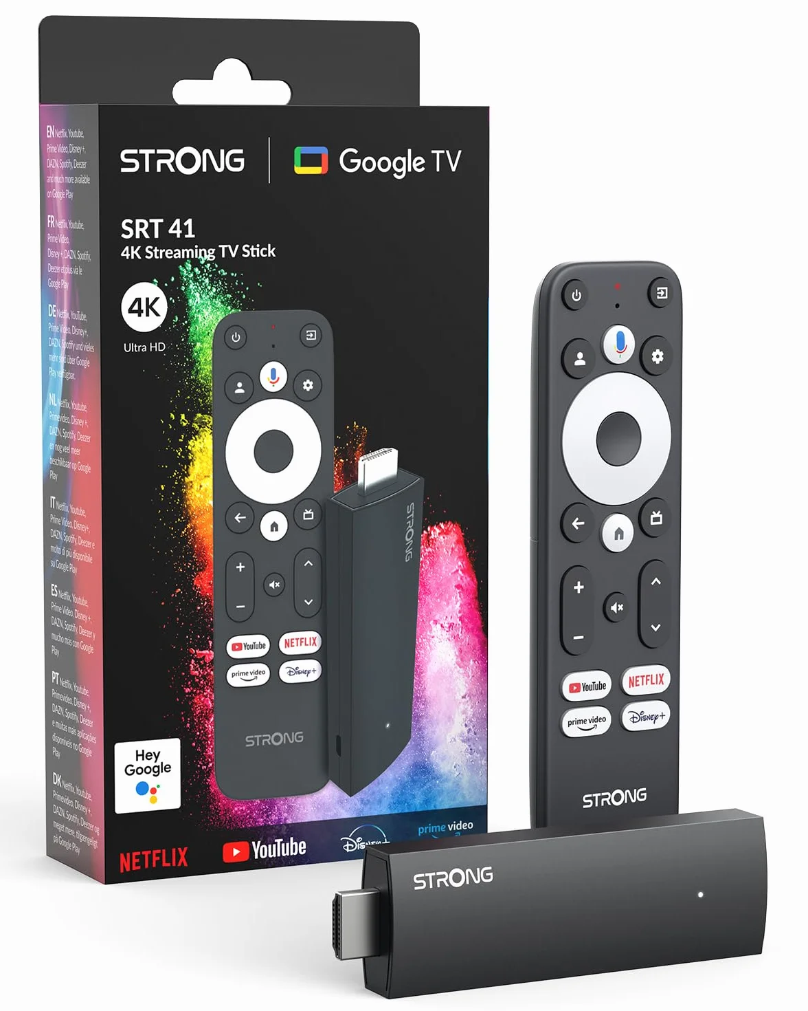 STRONG SRT41 Streaming Box Android TV 4K UHD Google TV HDMI Key Chromecast Built-in Dolby Audio Negro