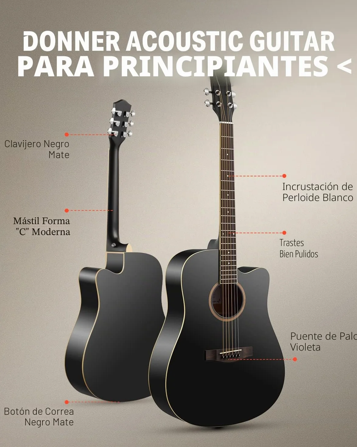 Donner Guitarra Acústica de Adulto Guitarra Cutaway 4/4 Kit Dreadnought 41 Pulgadas de Principiante con Cuerde Afinador Cejilla Negra