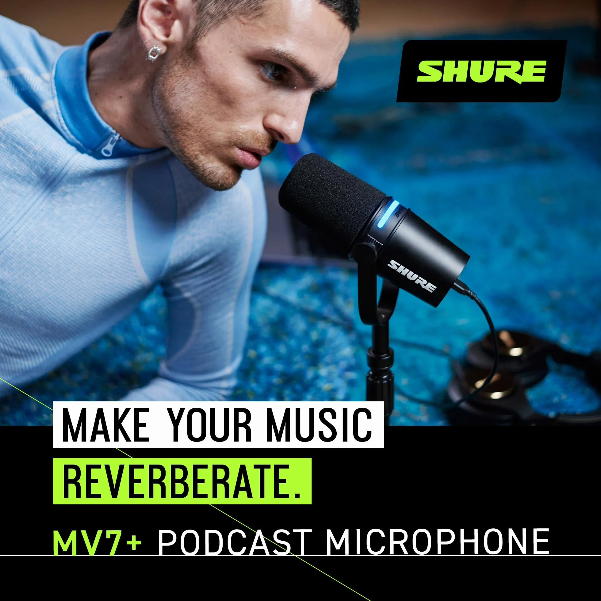 Shure MV7+ Micrófono para Podcast con Soporte de micrófono-Audio Mejorado, Panel táctil LED, Salidas USB-C y XLR, Modo de nivelación automática, Filtro Pop Digital, Efectos de reverberación - Negro