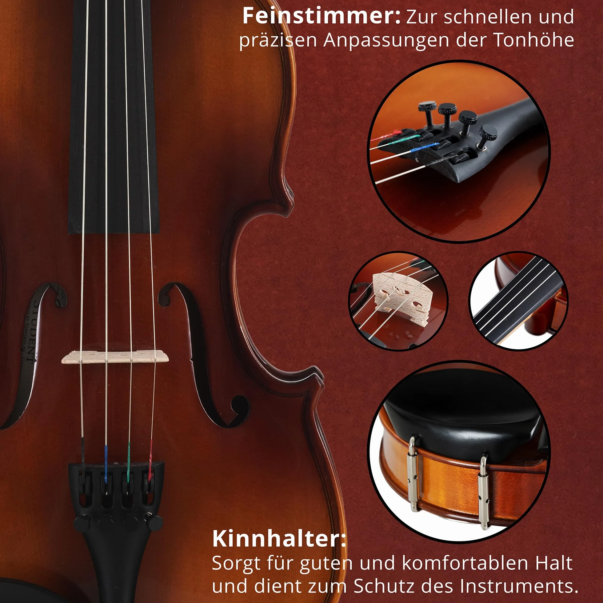 Set de Violín Classic Cantabile Student 1/2 (Instrumento para principiantes/estudiantes, violín, fondo y aros de arce, tapa maciza de abeto, puente de arce, incluye estuche, arco y colofonia)