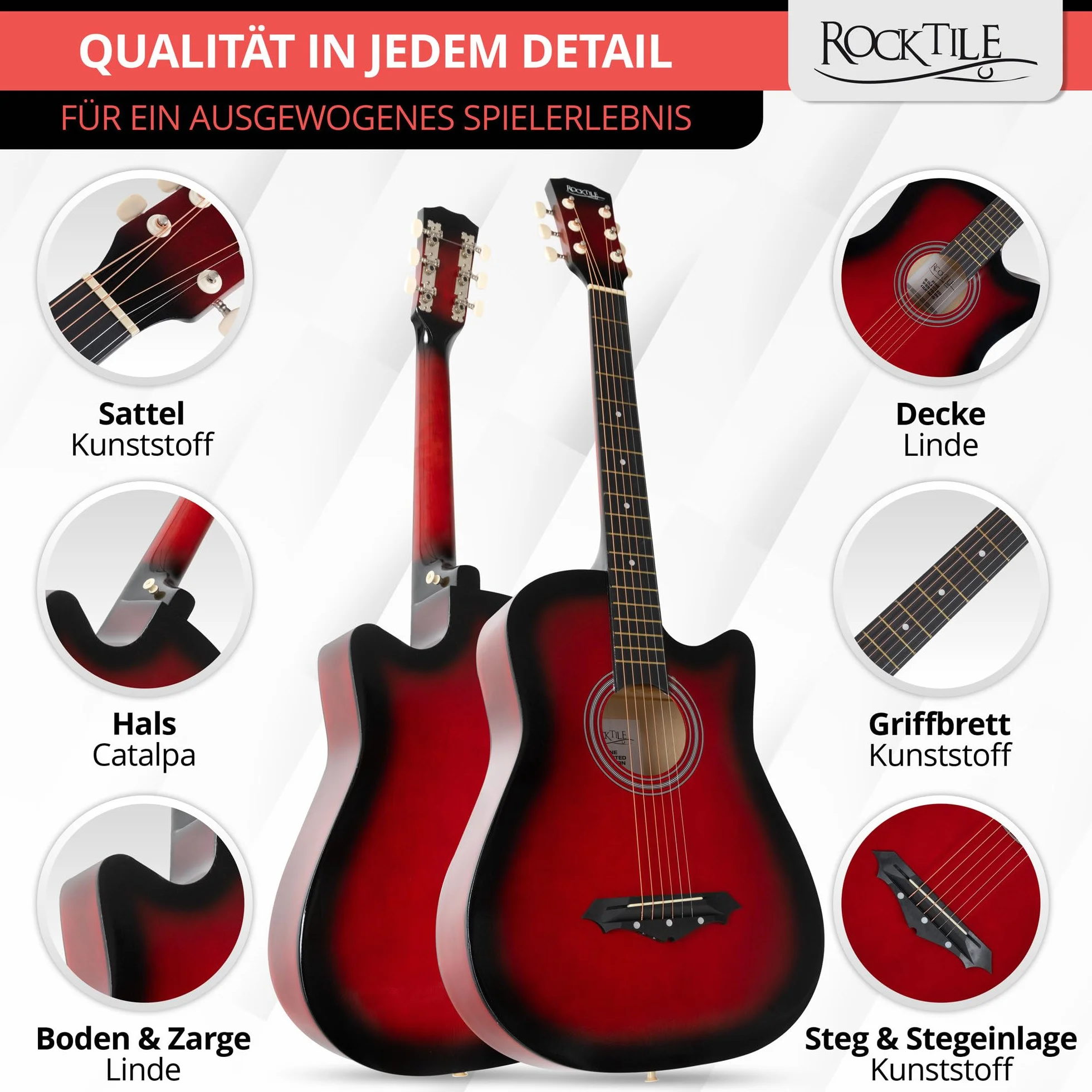 Rocktile WSD-5C-RDB Slim Line Set de Guitarras Western - Guitarra Acústica Dreadnought - Cuerpo de Tilo - Mástil: Catalpa - Set incluye funda, cuerdas de repuesto, correa y púas - Redburst