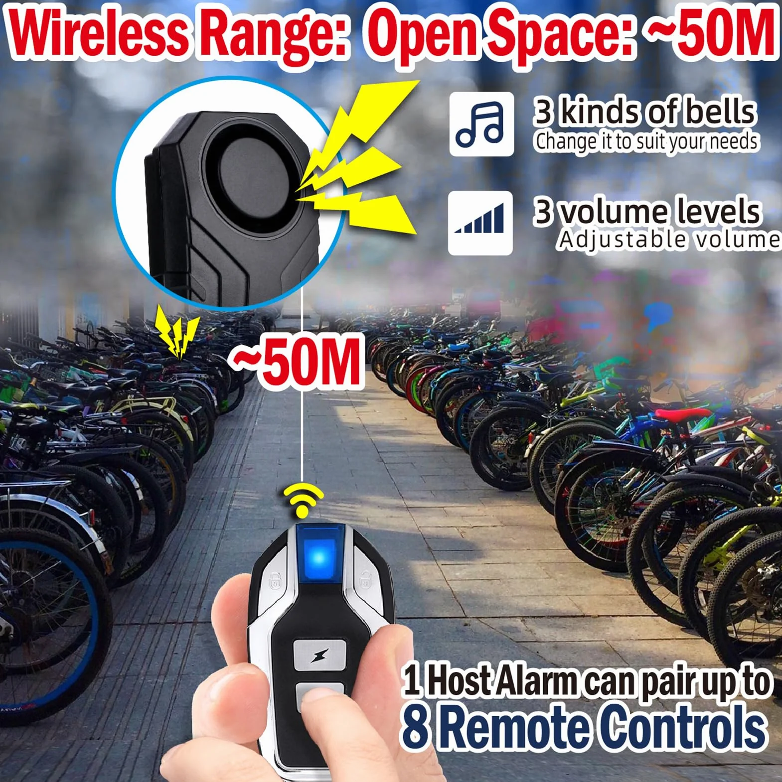 Mengshen Alarma Bicicleta Mejorada 113dB Loud Impermeable Inalámbrico Moto Alarma con Sensor Movimiento Vibración Antirrobo Remoto para la Seguridad Ciclismo (4 sensores con 2 mandos a Distancia)