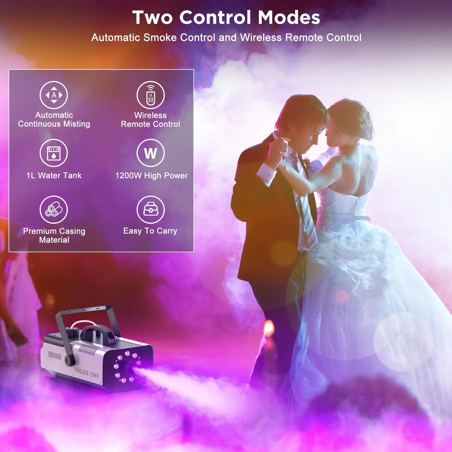 Máquina de Humo Automática 1200W 9 RGB LED Máquina de Niebla Colores Efectos con Remoto Inalámbrico Portátil Fog Machine para Hogar Fiesta Boda Espectáculo Bar Escenario Halloween Navidad