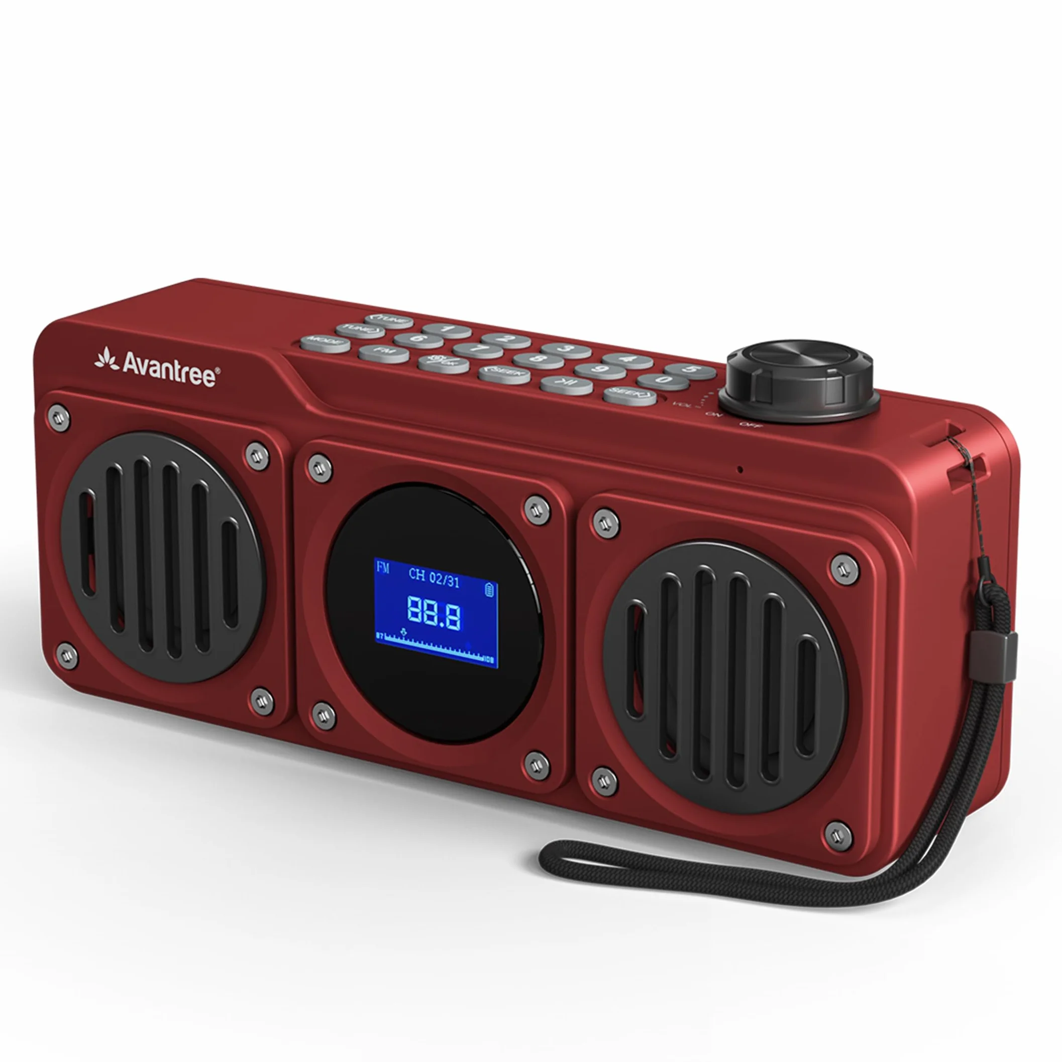Avantree Boombyte - Radio FM Portátil Pequeña 4 en 1 y Altavoz Bluetooth con Altavoz Duales (14W), Volumen Potente, Sonido Estéreo, Lector Micro SD y Puerto USB, Reproductor de MP3 Recargable - Rojo