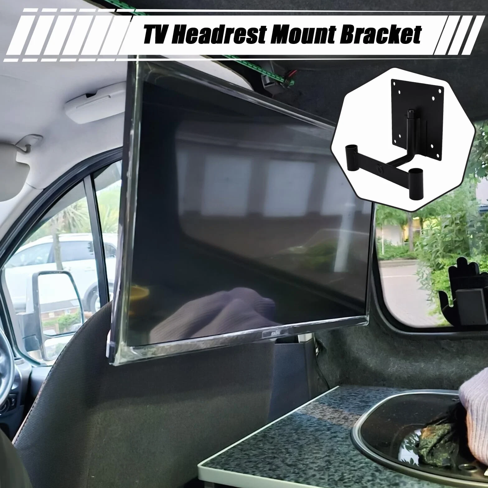 Soporte de TV para Autocaravana Compatible con VW T5 T5.1 T6 T6.1 Camper Reposacabezas Giro para VESA de 75 mm y 100 mm