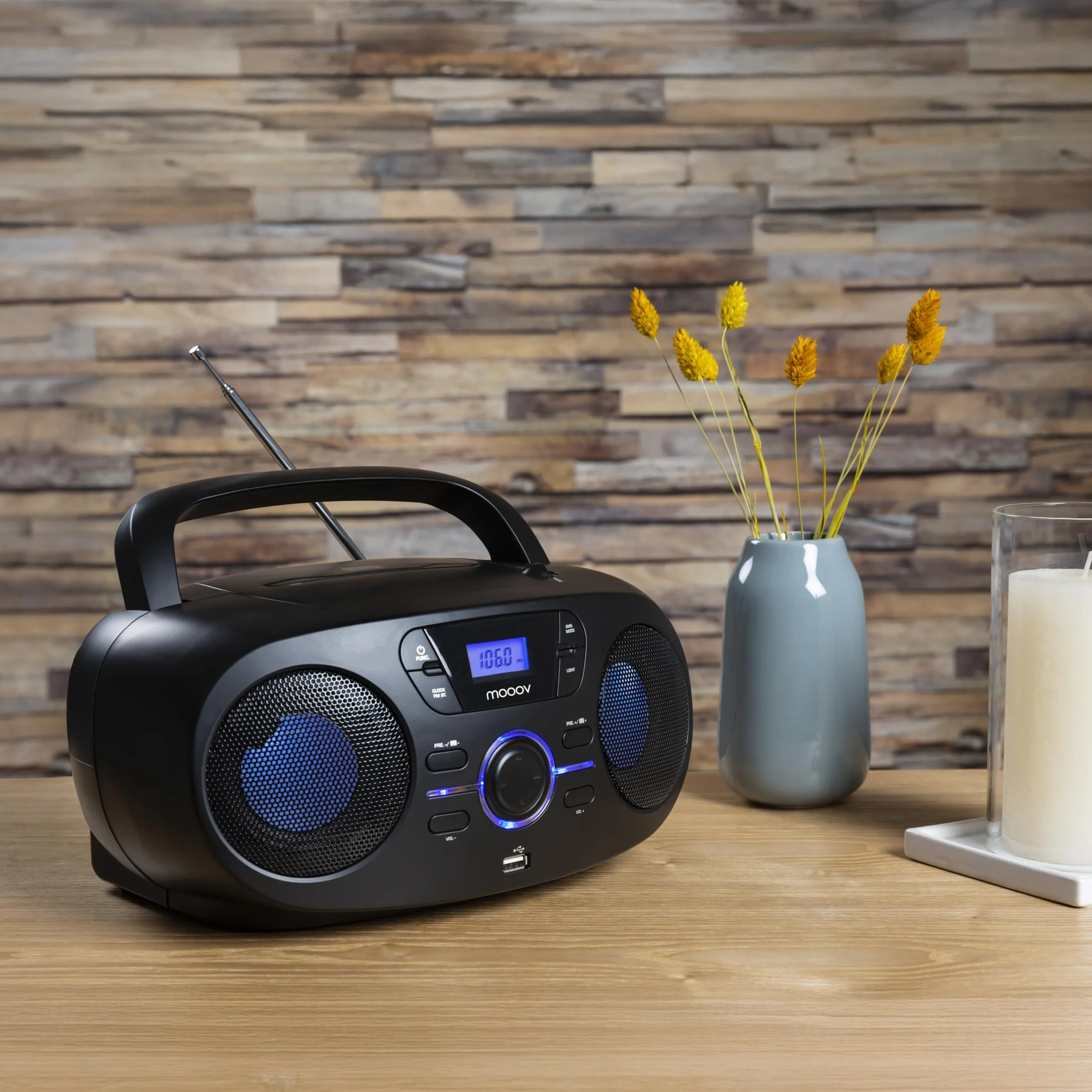 Mooov Reproductor de CD portátil Lector CD Audio CD-R/CD-RW/CD-MP3 Radio FM Puerto USB Negro