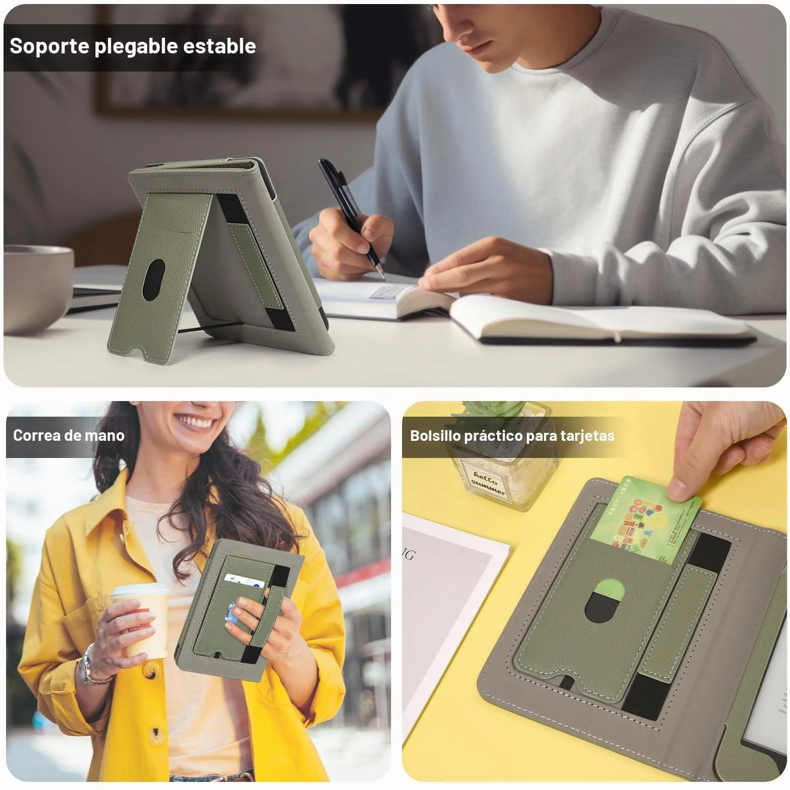 Caweet Funda para Kobo Clara Colour/BW de 6 Pulgadas, Lanzamiento 2024, Cubierta de Soporte Plegable de Piel de PU Premium con Ranura para Tarjeta y Correa para la Mano, Verde