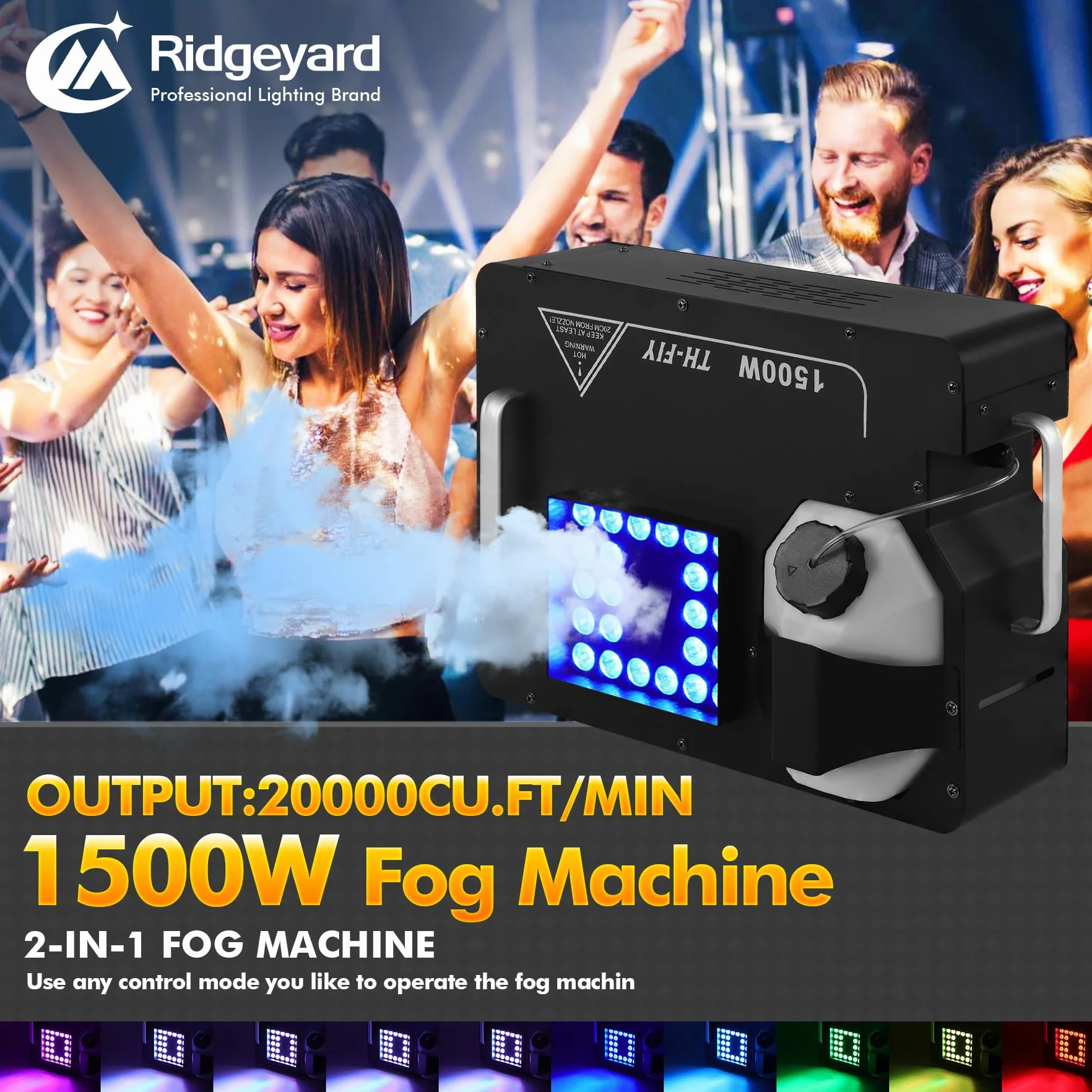 Ridgeyard Máquina de niebla, 1500W máquinas de humo con mando a distancia inalámbrico y luz led con 16 colores, adecuada para DJ, discoteca, fiesta, Halloween, Navidad, bodas y actuaciones en