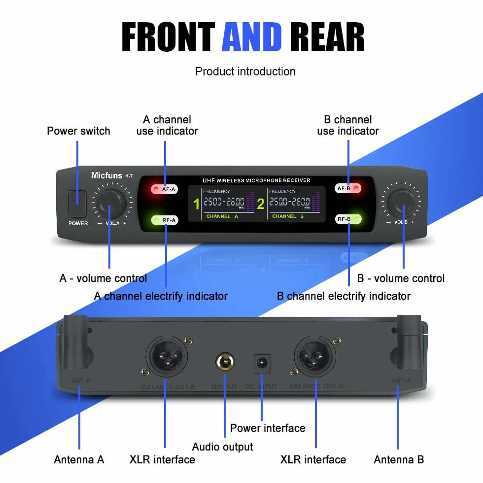K7 - Juego de micrófono profesional inalámbrico 2 portátiles VHF 230-250 MHz sistema de micrófono 100 m de distancia para karaoke, fiesta, idioma