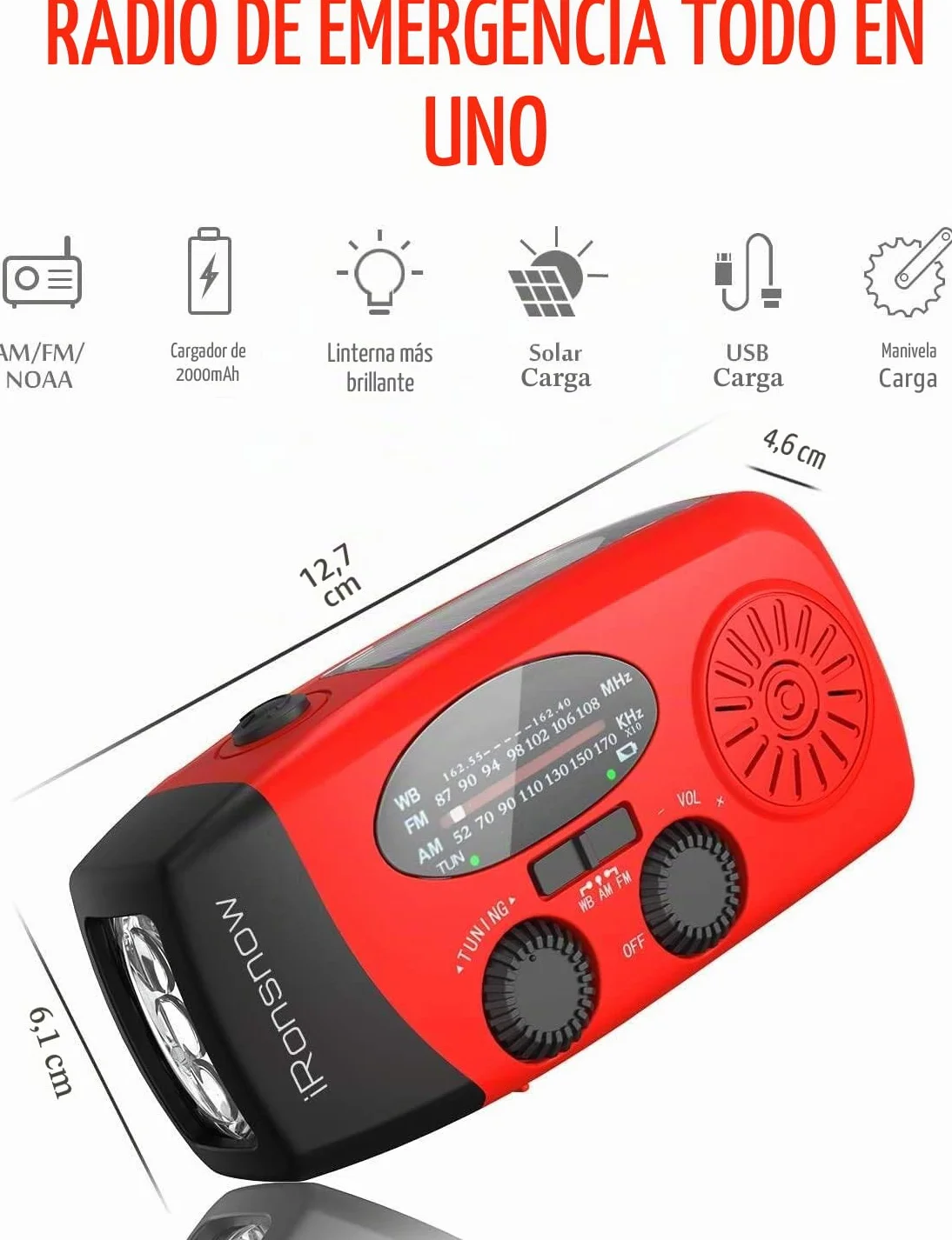 iRonsnow Radio de Emergencia, Radio Solar Portátil FM/Am/WB Manivela de la Mano Radio con 2000mAh Banco de Energía como Power Bank LED Linterna para Actividades Al Aire Libre y Emergencias